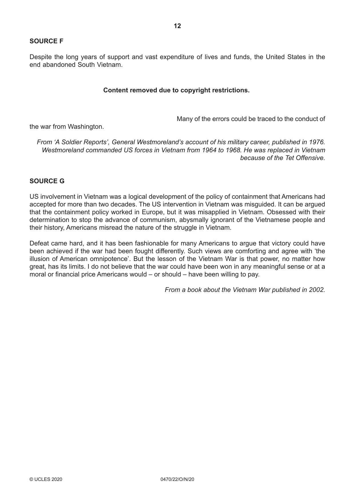 Cambridge IGCSE History 0470 2020 Oct/Nov Paper 2 · Variant 2 question paper, page 12 of 16