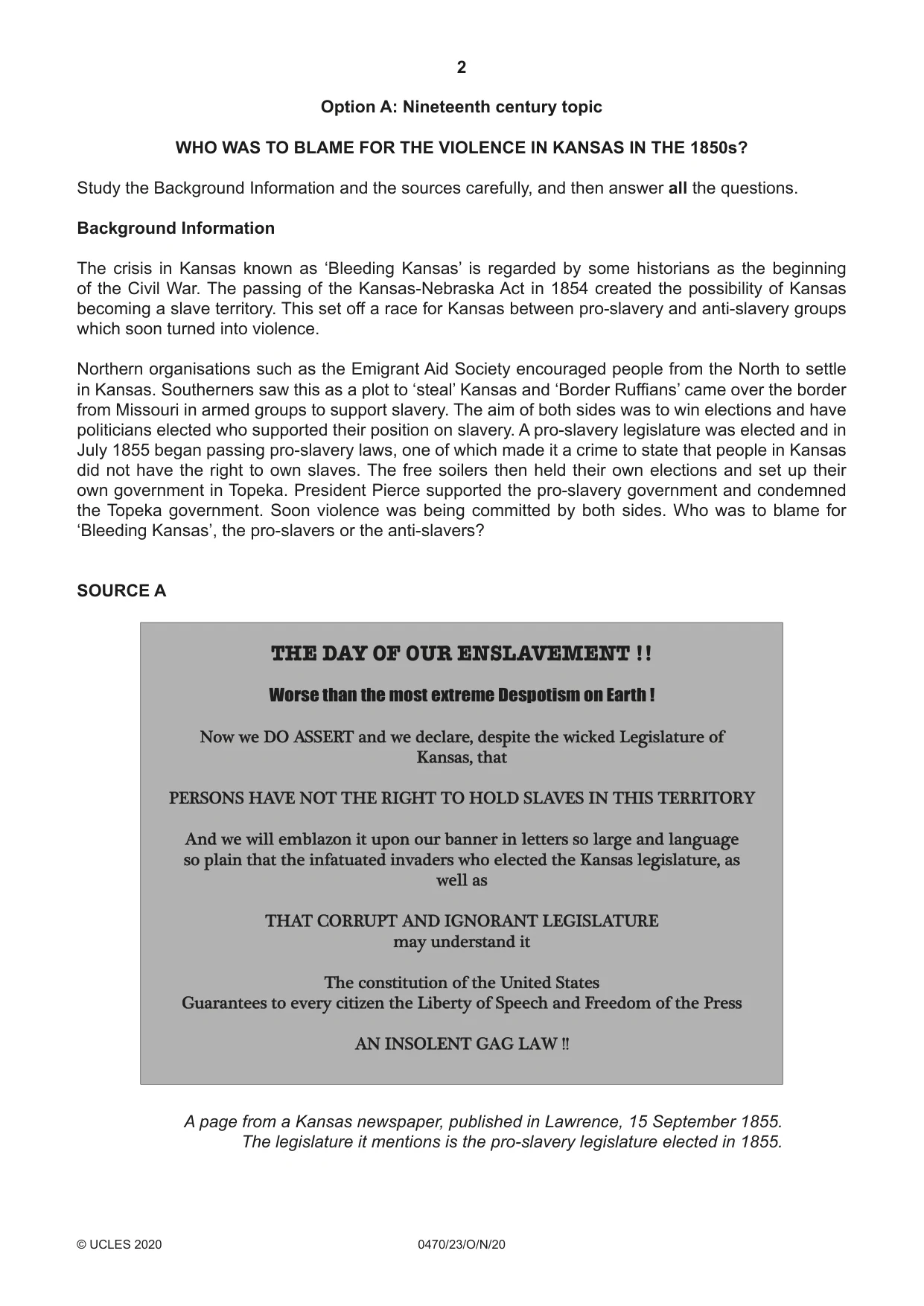 Cambridge IGCSE History 0470 2020 Oct/Nov Paper 2 · Variant 3 question paper, page 2 of 12