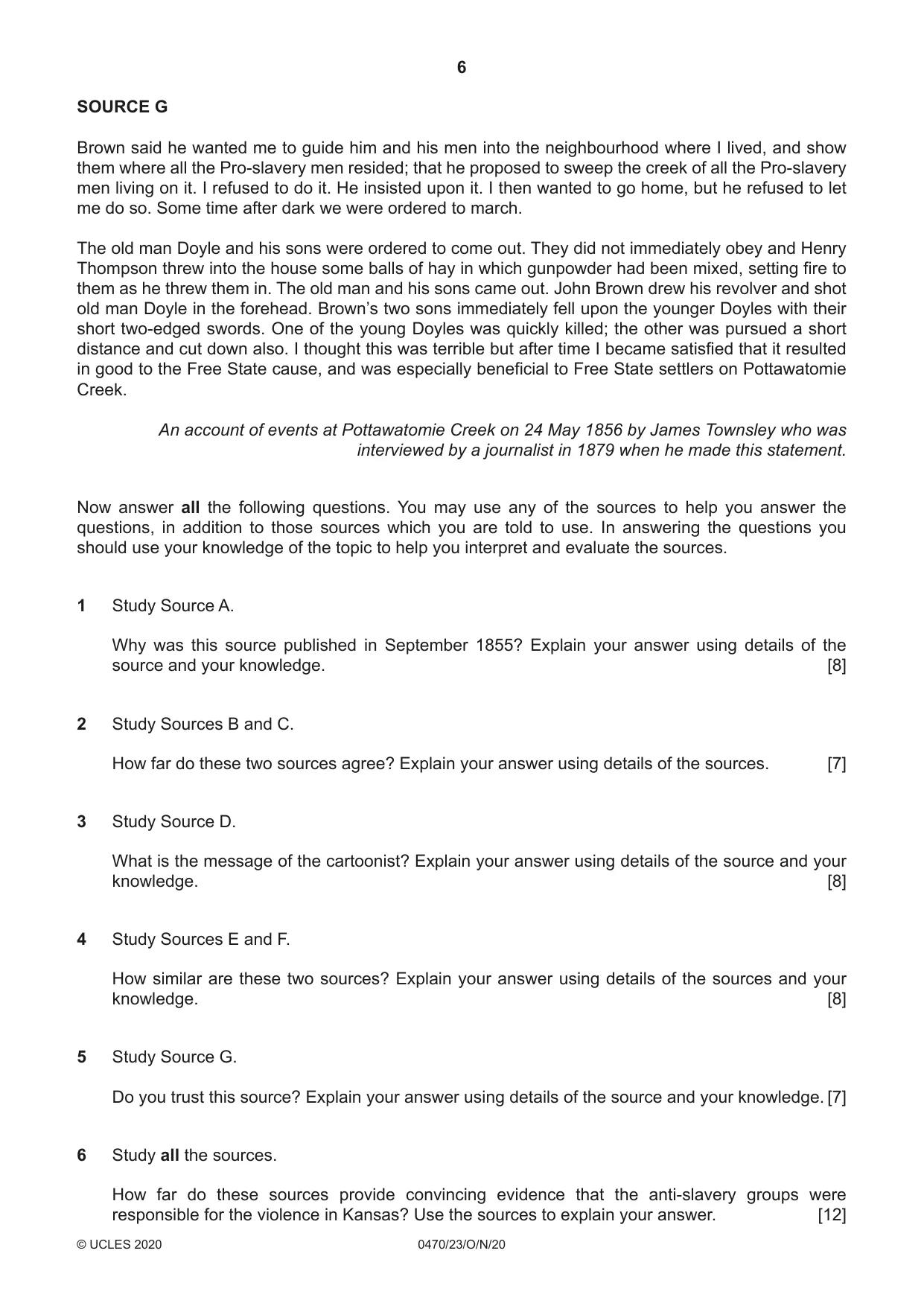 Cambridge IGCSE History 0470 2020 Oct/Nov Paper 2 · Variant 3 question paper, page 6 of 12