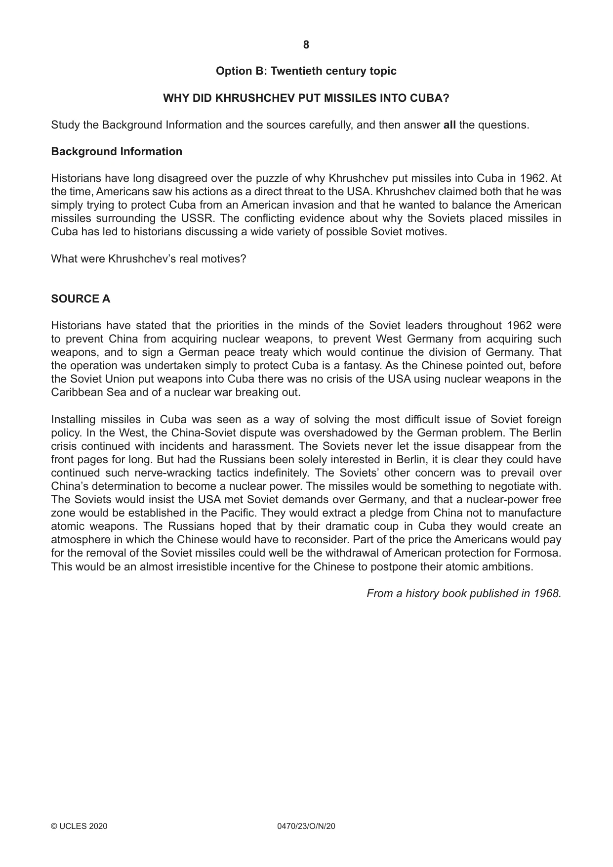 Cambridge IGCSE History 0470 2020 Oct/Nov Paper 2 · Variant 3 question paper, page 8 of 12