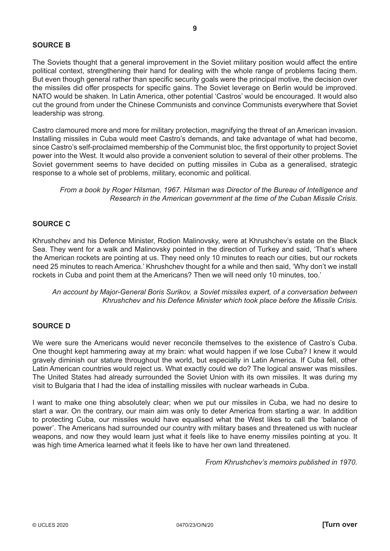Cambridge IGCSE History 0470 2020 Oct/Nov Paper 2 · Variant 3 question paper, page 9 of 12