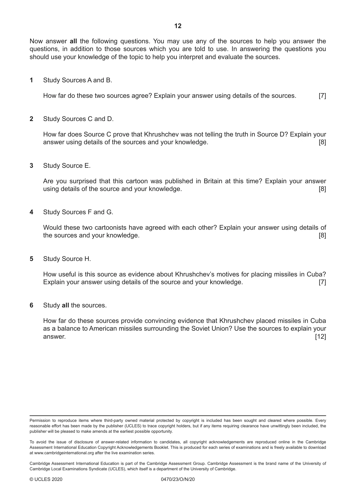 Cambridge IGCSE History 0470 2020 Oct/Nov Paper 2 · Variant 3 question paper, page 12 of 12