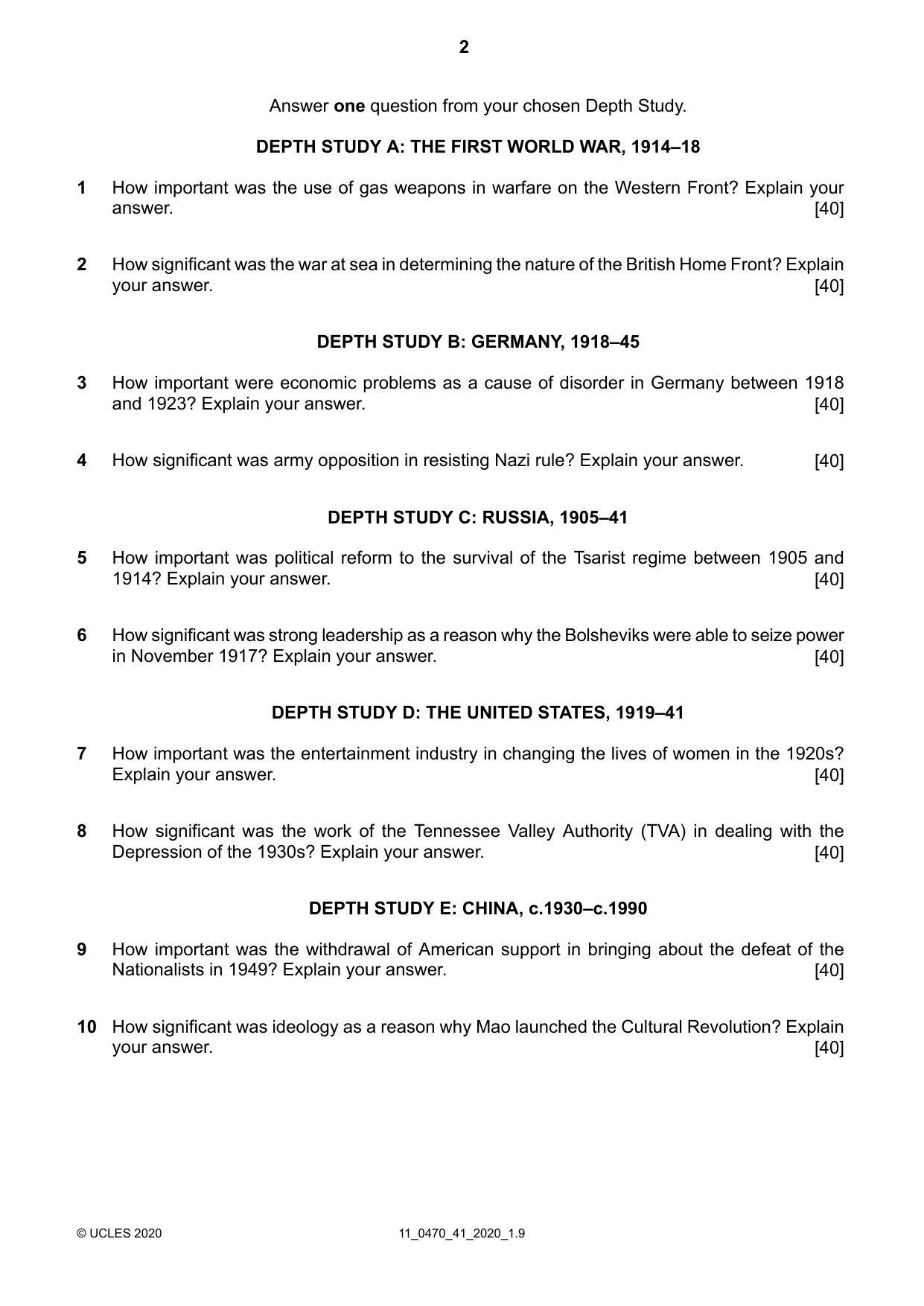 Cambridge IGCSE History 0470 2020 Oct/Nov Paper 4 · Variant 1 question paper, page 2 of 4