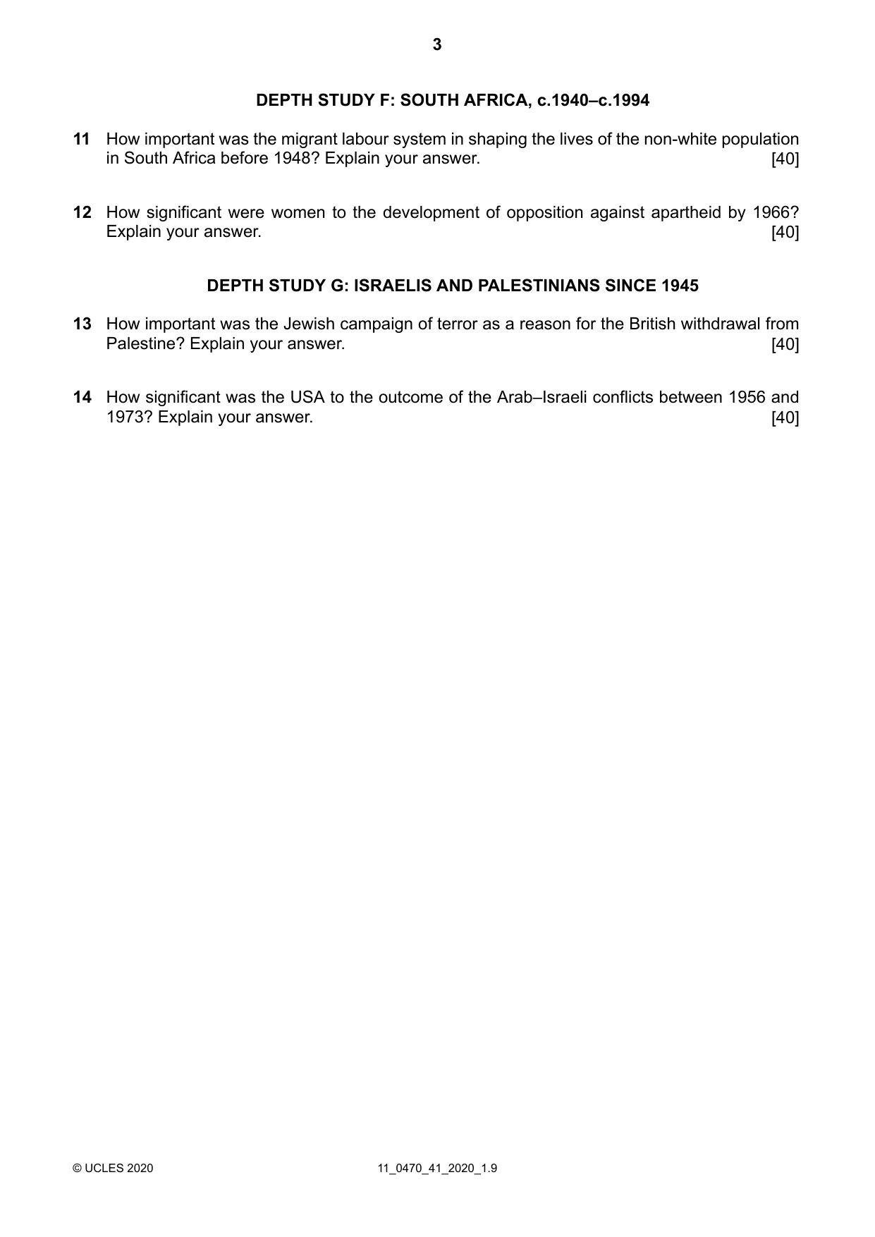 Cambridge IGCSE History 0470 2020 Oct/Nov Paper 4 · Variant 1 question paper, page 3 of 4