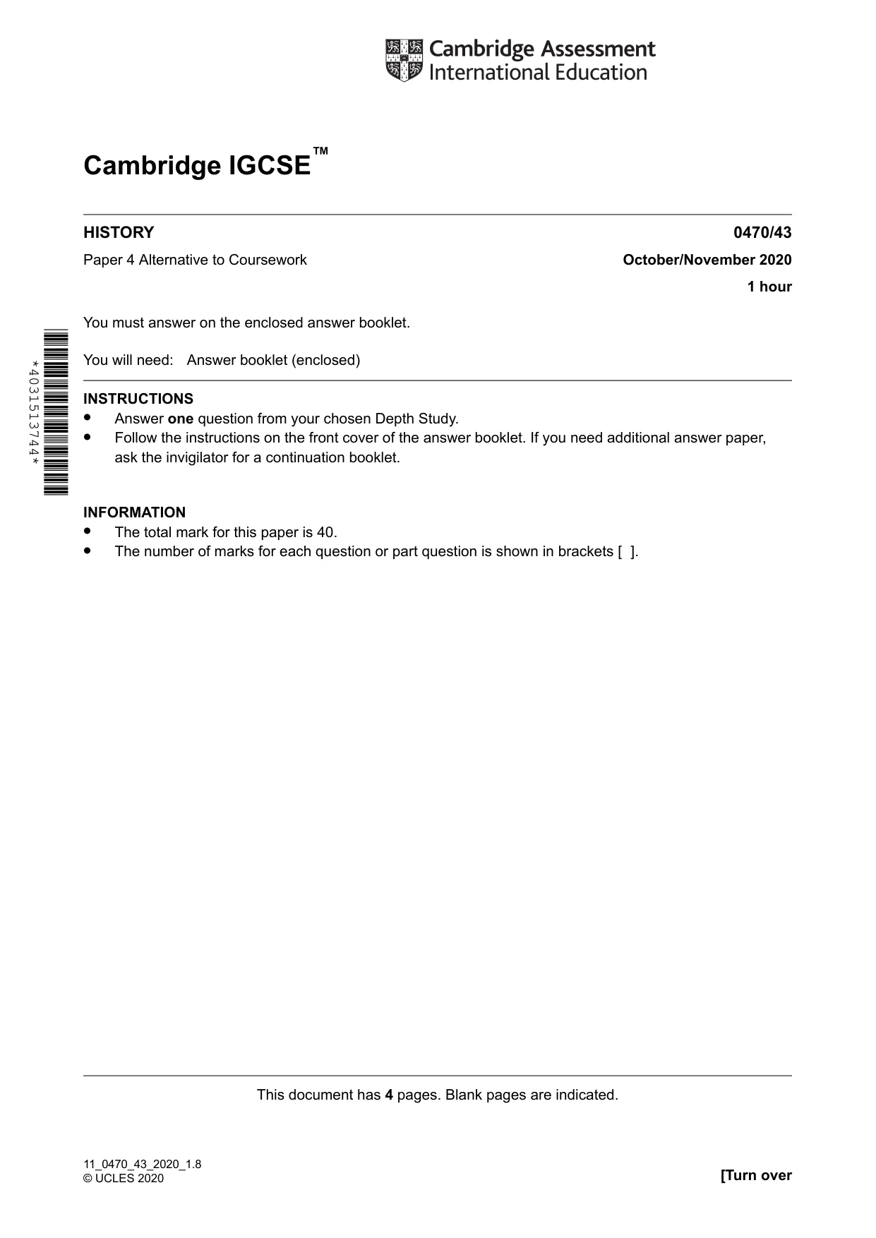 Cambridge IGCSE History 0470 2020 Oct/Nov Paper 4 · Variant 3 question paper, page 1 of 4