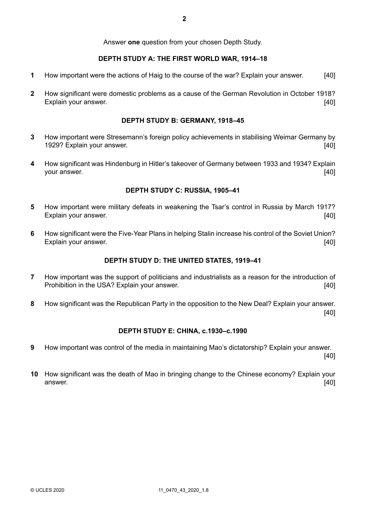 Cambridge IGCSE History 0470 2020 Oct/Nov Paper 4 · Variant 3 question paper, page 2 of 4