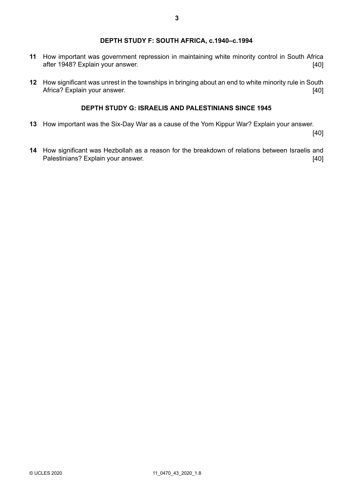 Cambridge IGCSE History 0470 2020 Oct/Nov Paper 4 · Variant 3 question paper, page 3 of 4