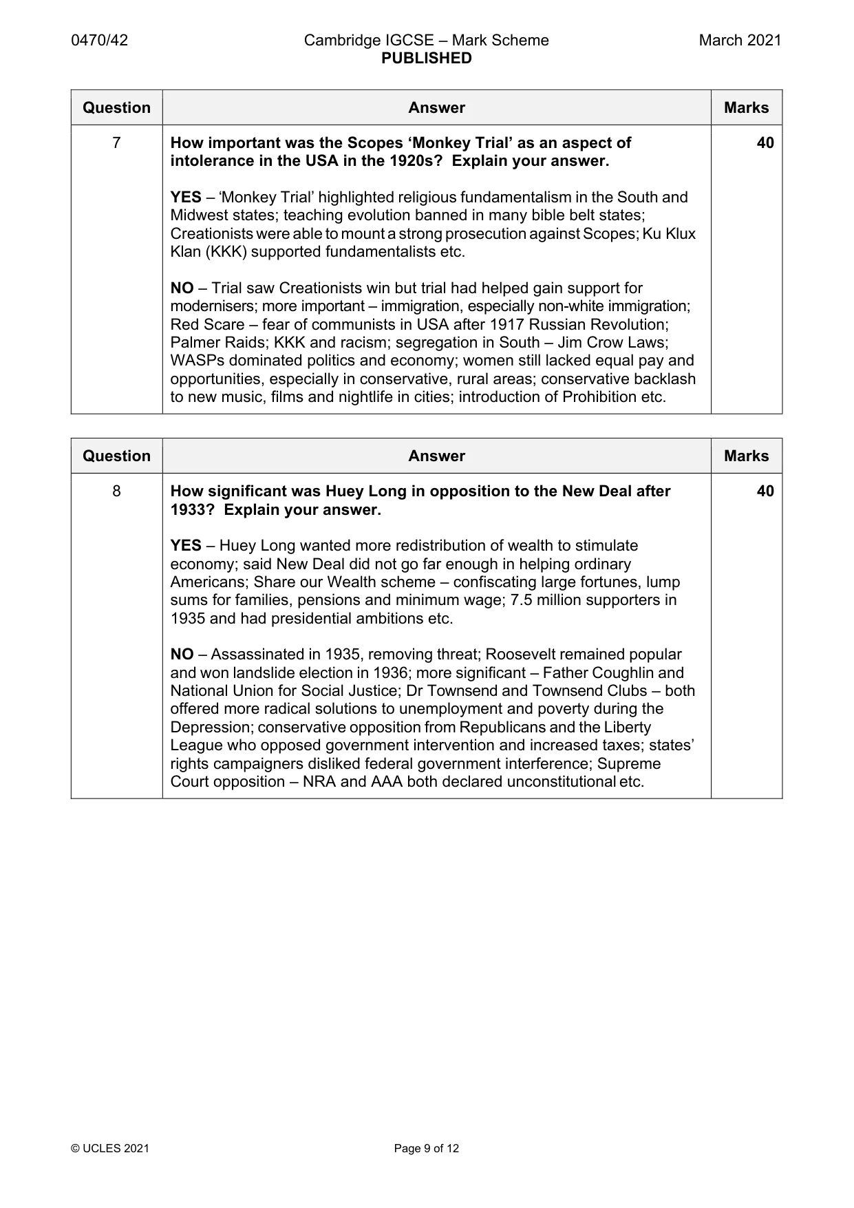 Mark scheme, page 9 of 12