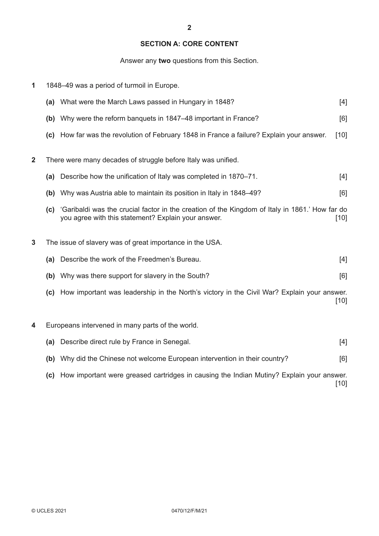 Cambridge IGCSE History 0470 2021 Feb/March Paper 1 · Variant 2 question paper, page 2 of 12