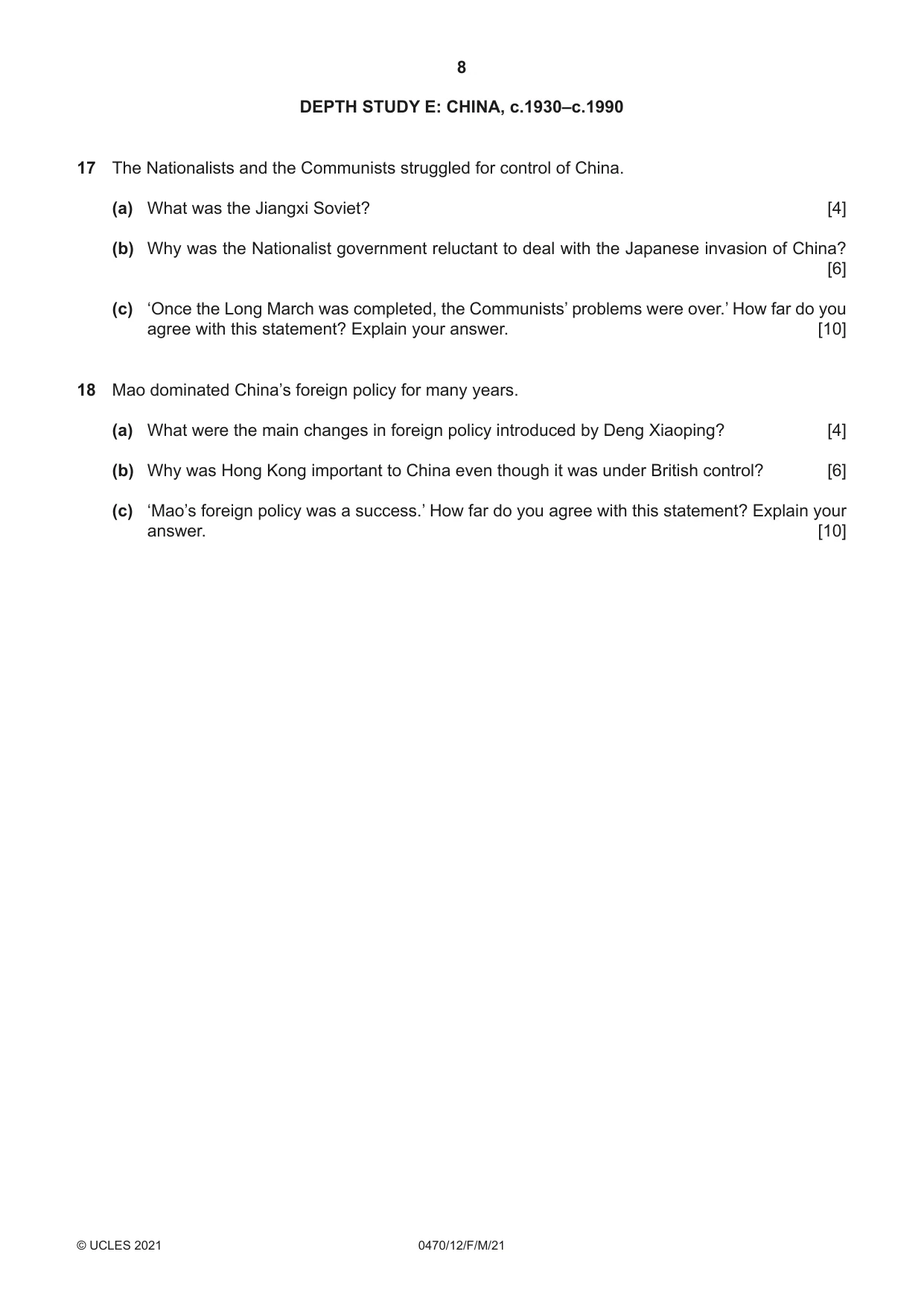 Cambridge IGCSE History 0470 2021 Feb/March Paper 1 · Variant 2 question paper, page 8 of 12