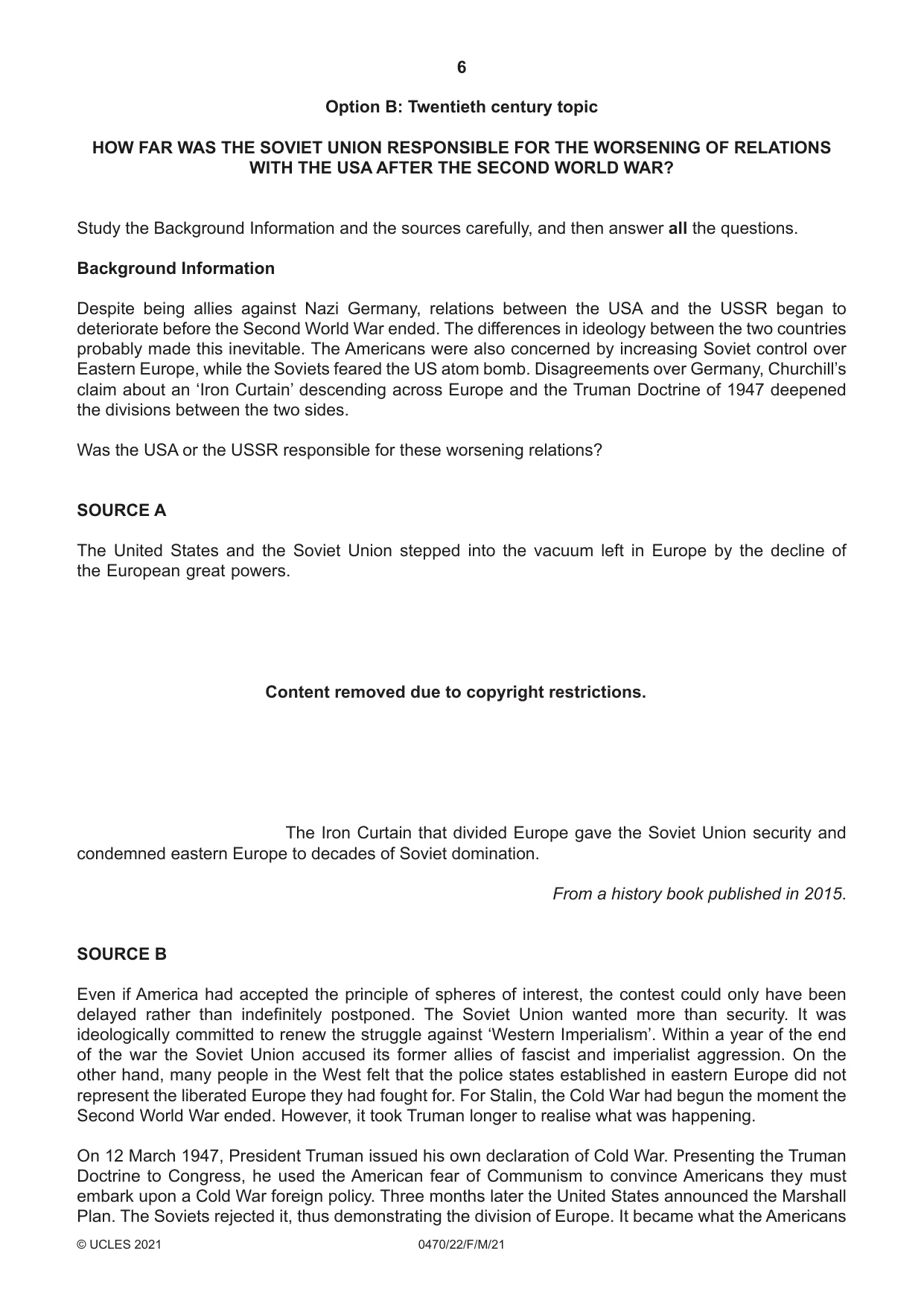 Cambridge IGCSE History 0470 2021 Feb/March Paper 2 · Variant 2 question paper, page 6 of 12