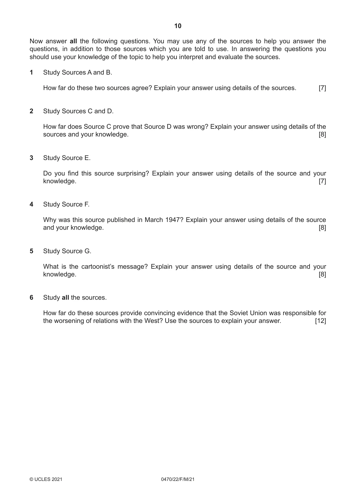 Cambridge IGCSE History 0470 2021 Feb/March Paper 2 · Variant 2 question paper, page 10 of 12