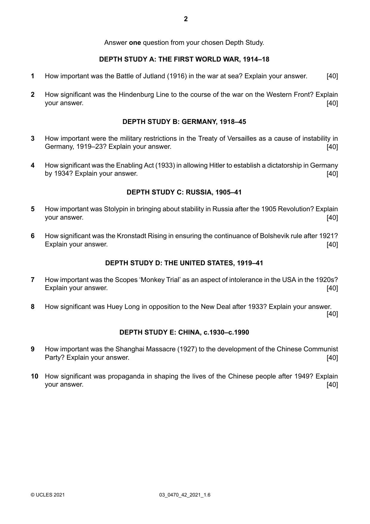 Cambridge IGCSE History 0470 2021 Feb/March Paper 4 · Variant 2 question paper, page 2 of 4
