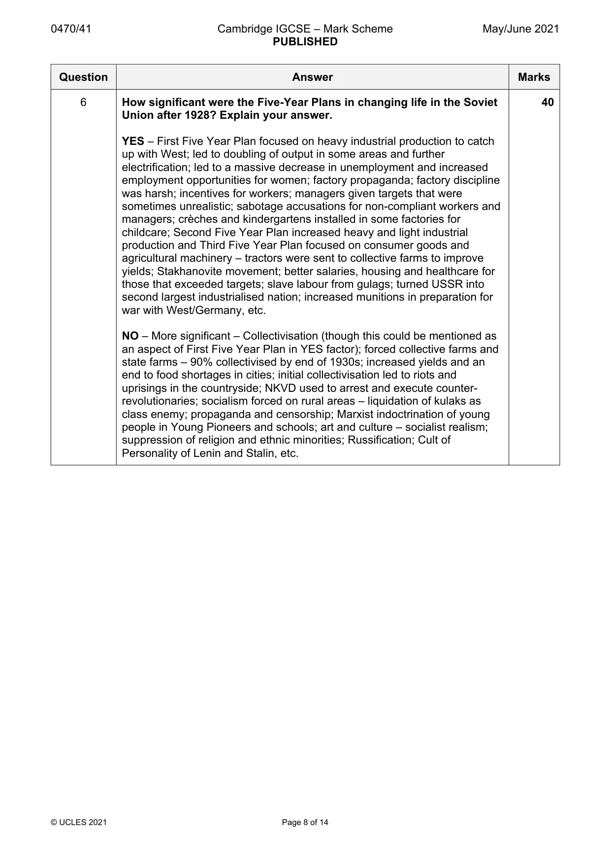 Mark scheme, page 8 of 14