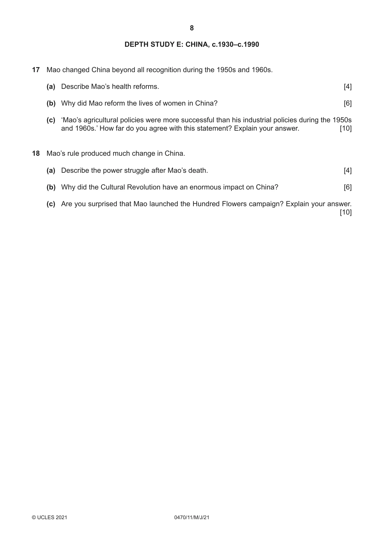 Cambridge IGCSE History 0470 2021 May/June Paper 1 · Variant 1 question paper, page 8 of 12