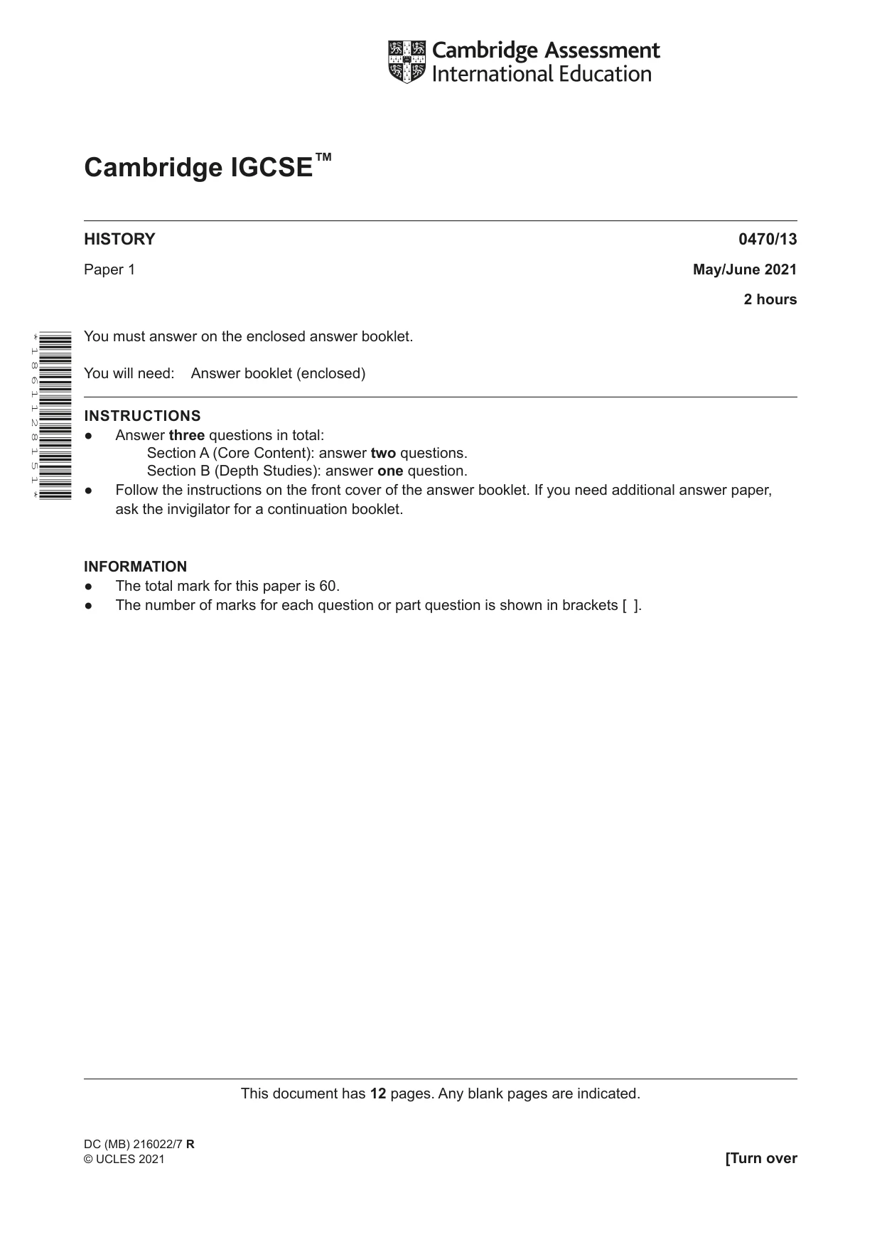 Cambridge IGCSE History 0470 2021 May/June Paper 1 · Variant 3 question paper, page 1 of 12