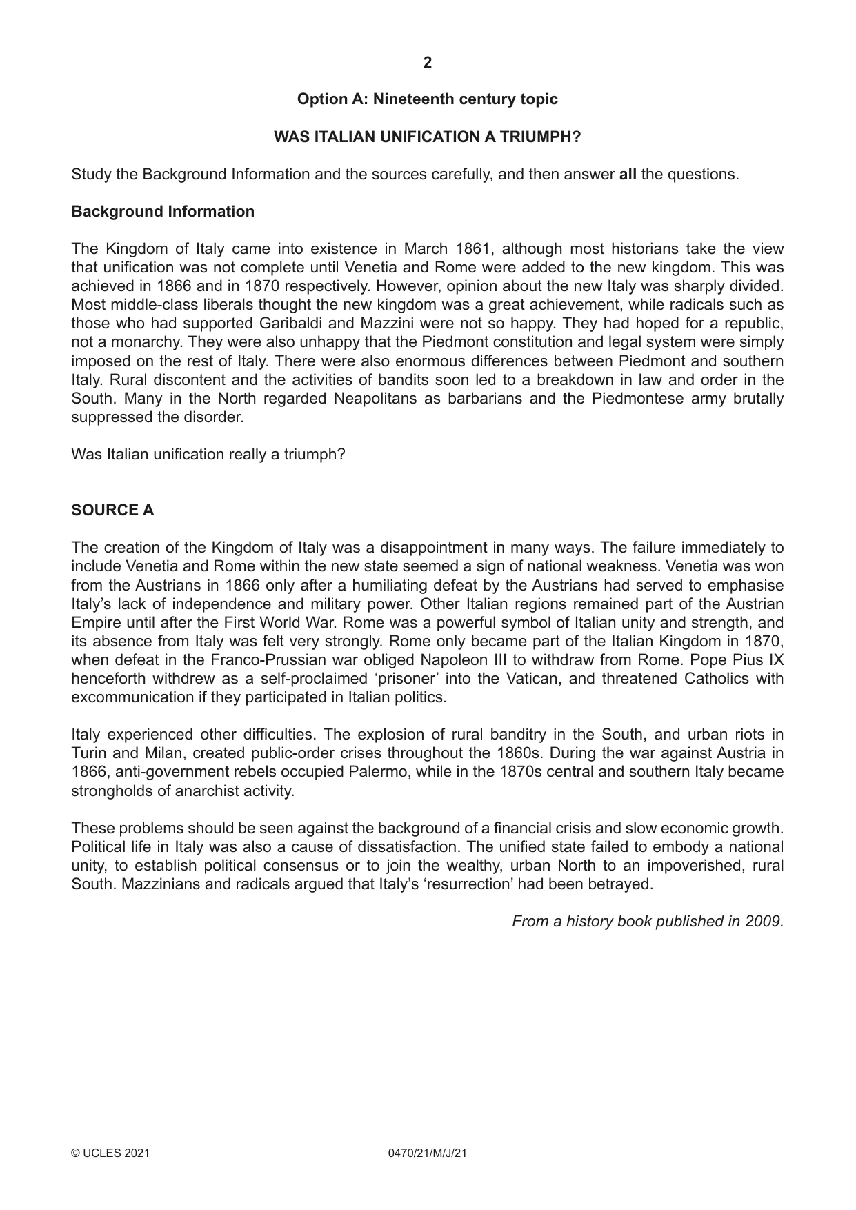 Cambridge IGCSE History 0470 2021 May/June Paper 2 · Variant 1 question paper, page 2 of 16