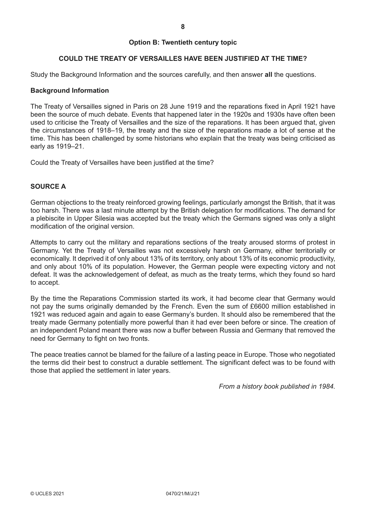 Cambridge IGCSE History 0470 2021 May/June Paper 2 · Variant 1 question paper, page 8 of 16