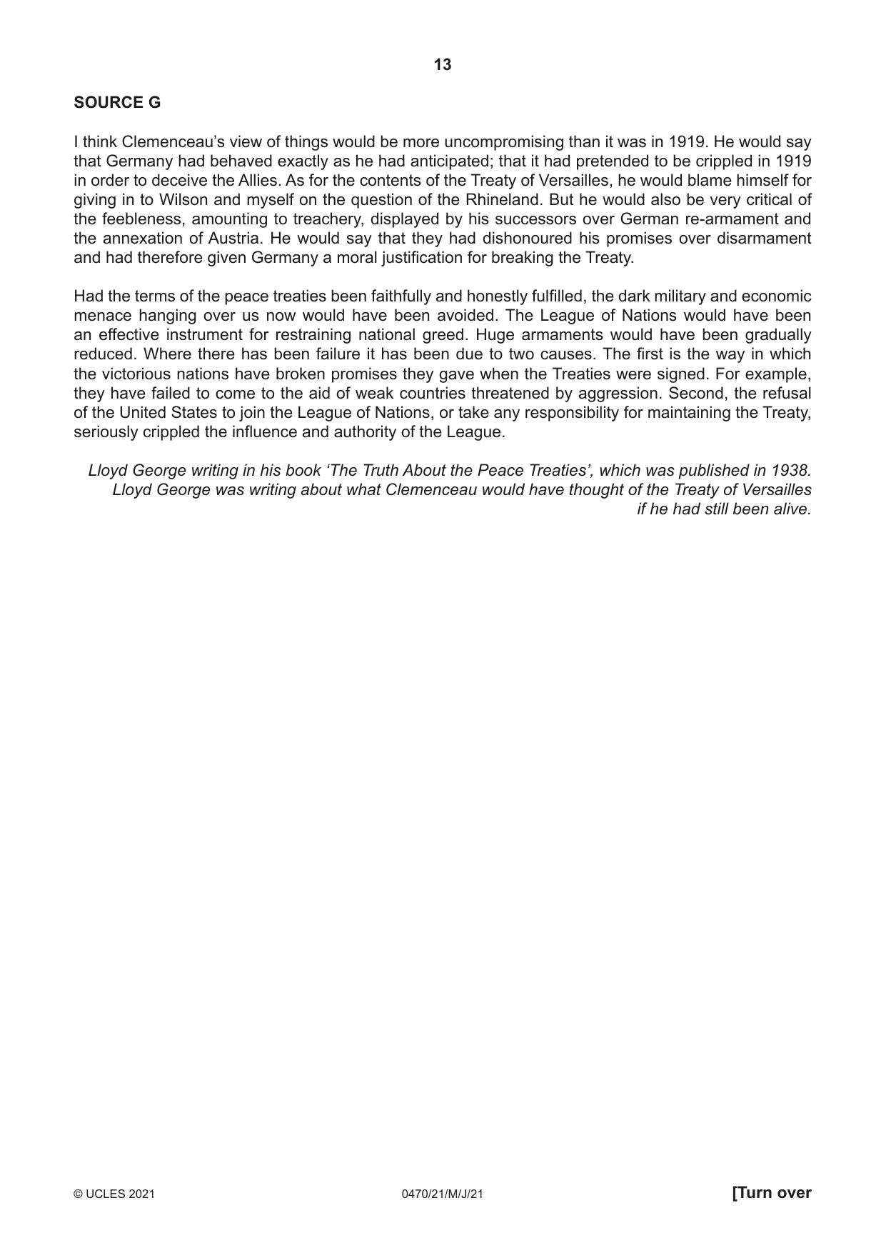 Cambridge IGCSE History 0470 2021 May/June Paper 2 · Variant 1 question paper, page 13 of 16