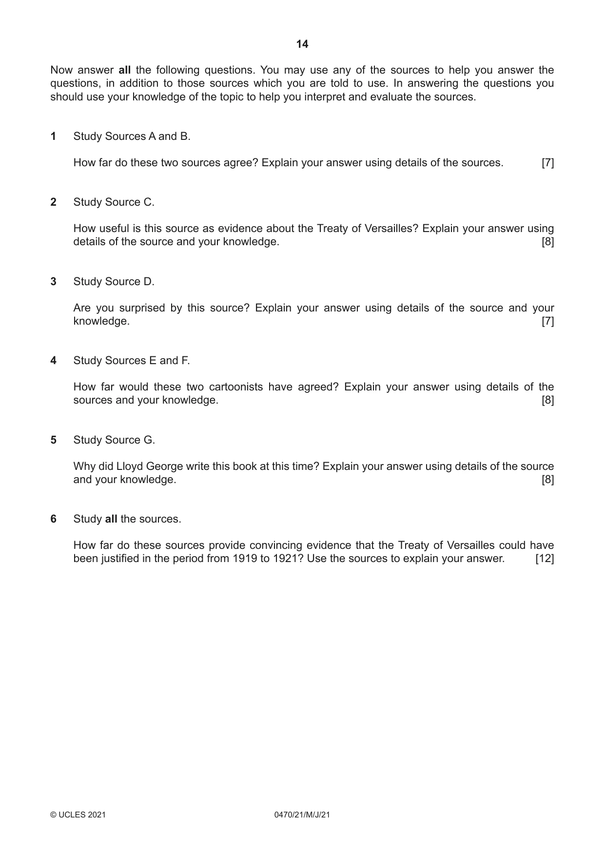 Cambridge IGCSE History 0470 2021 May/June Paper 2 · Variant 1 question paper, page 14 of 16