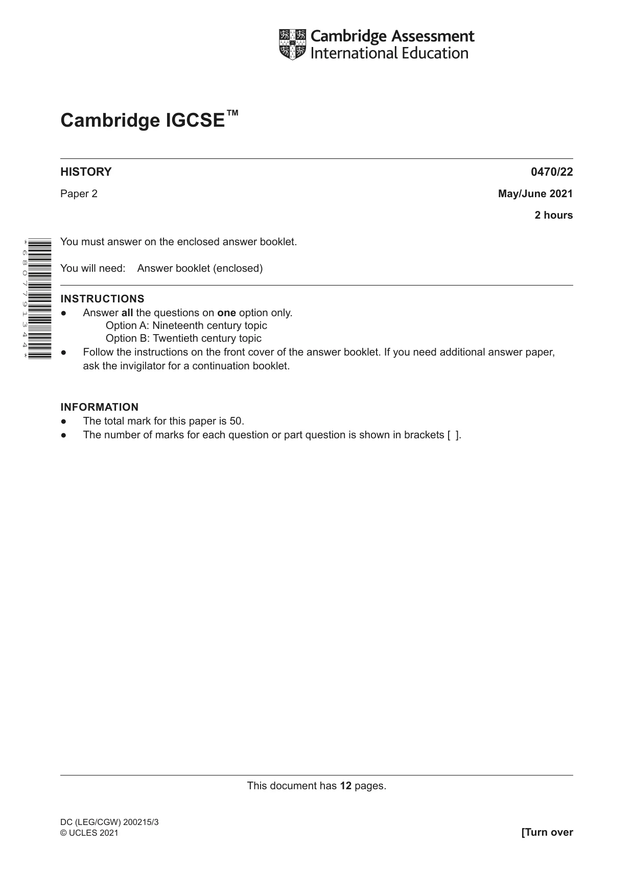 Cambridge IGCSE History 0470 2021 May/June Paper 2 · Variant 2 question paper, page 1 of 12