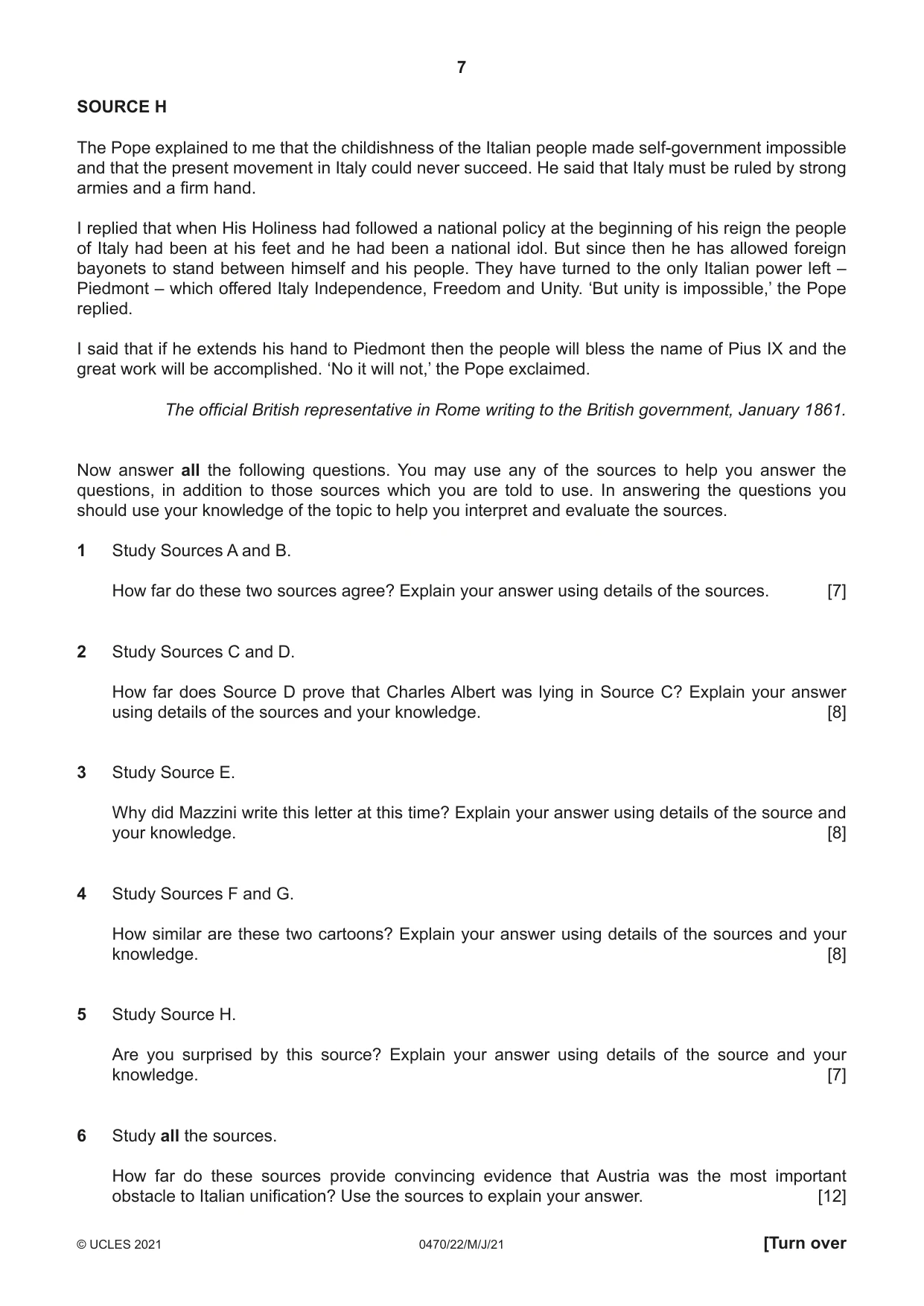 Cambridge IGCSE History 0470 2021 May/June Paper 2 · Variant 2 question paper, page 7 of 12