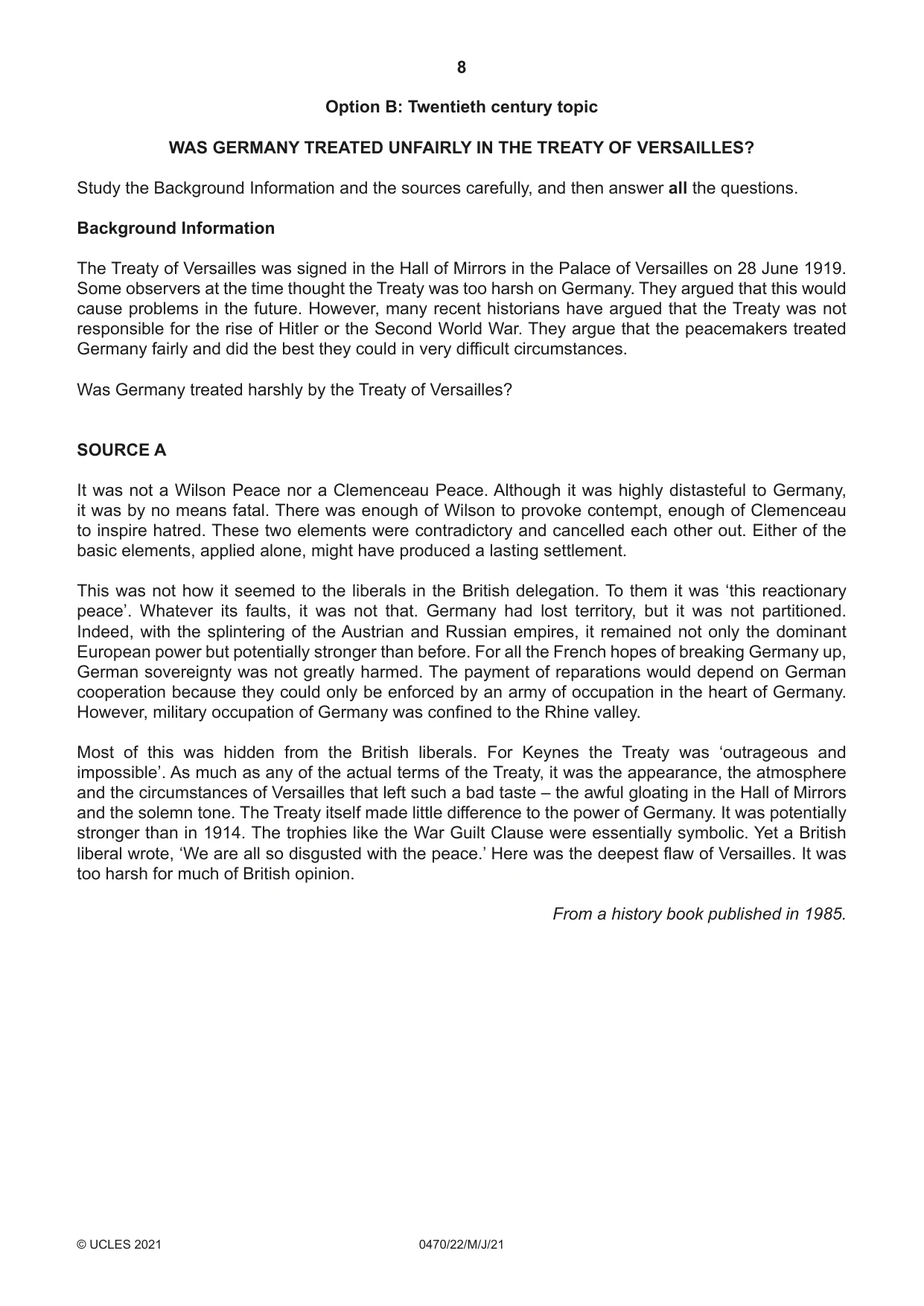 Cambridge IGCSE History 0470 2021 May/June Paper 2 · Variant 2 question paper, page 8 of 12