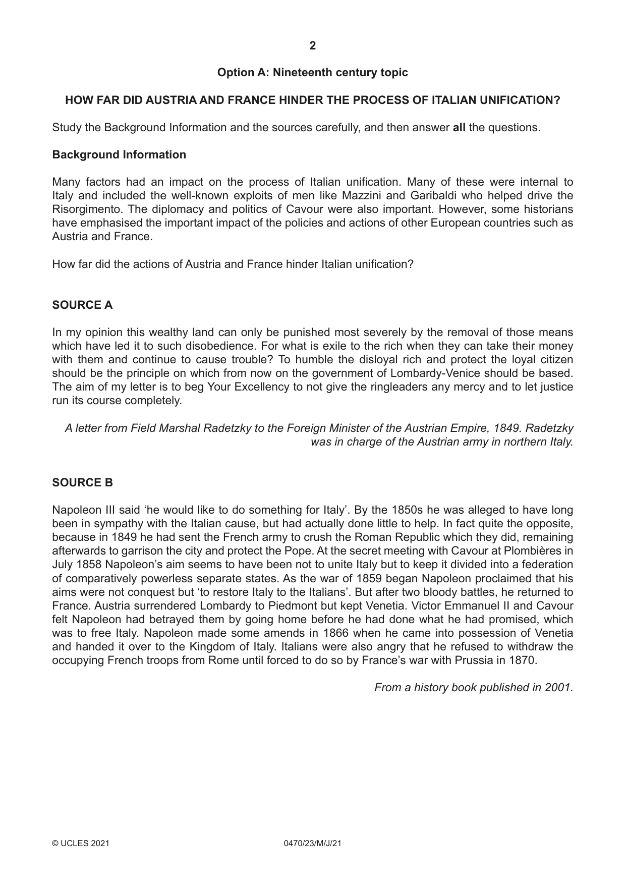 Cambridge IGCSE History 0470 2021 May/June Paper 2 · Variant 3 question paper, page 2 of 12