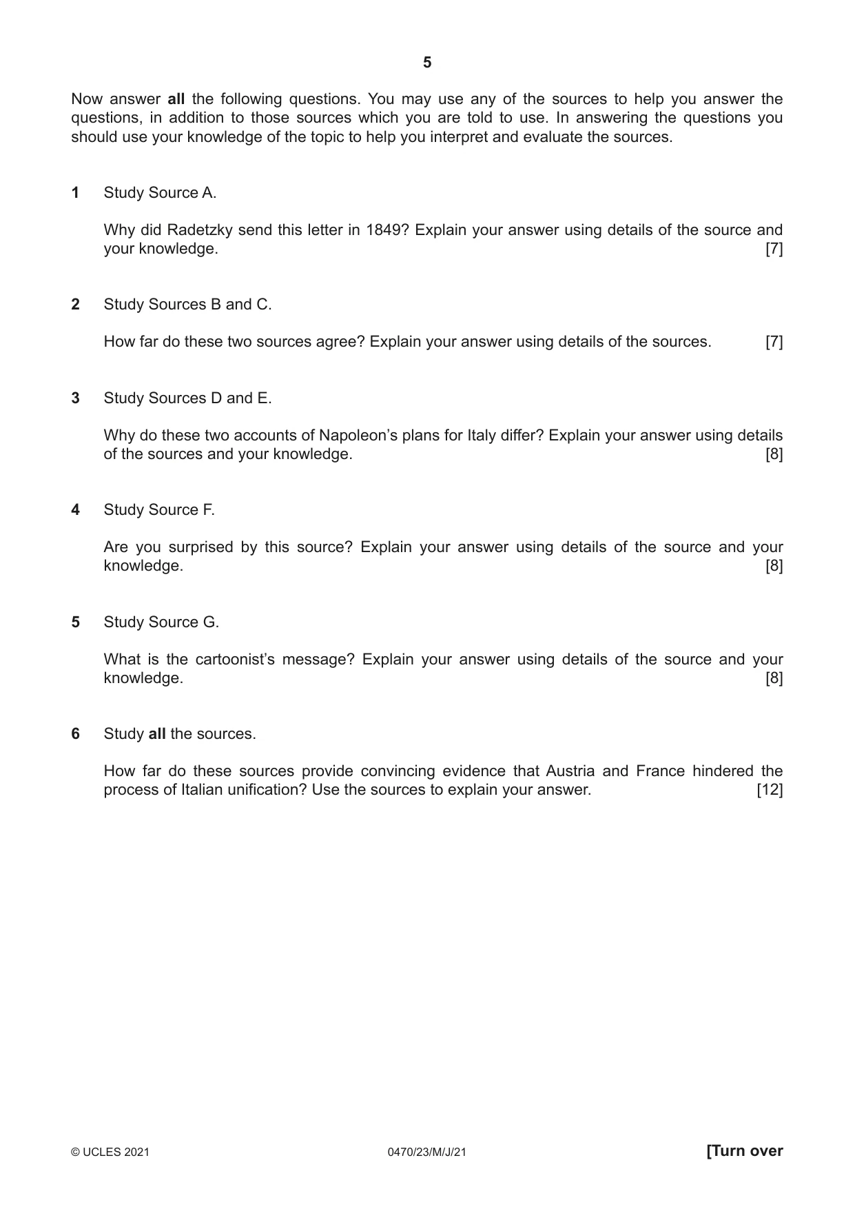 Cambridge IGCSE History 0470 2021 May/June Paper 2 · Variant 3 question paper, page 5 of 12