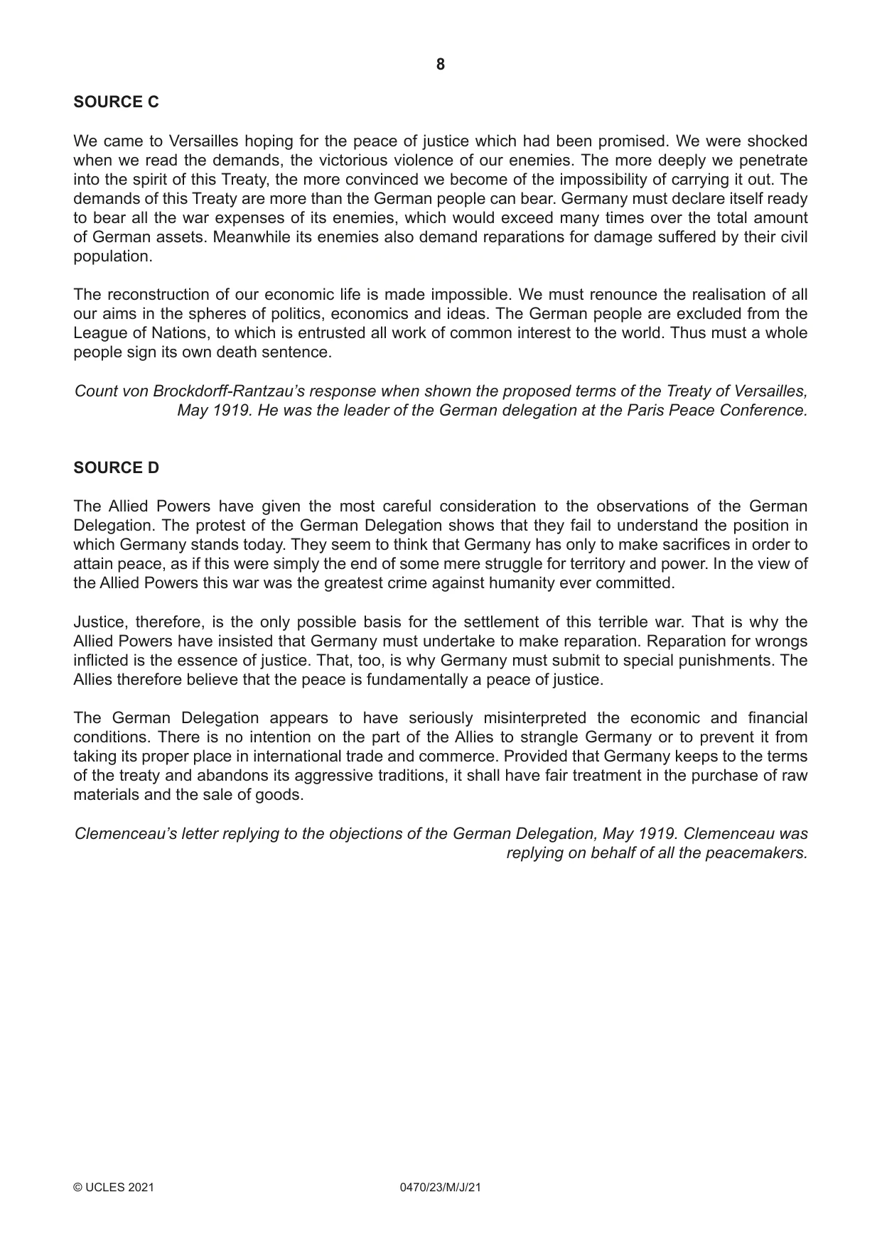 Cambridge IGCSE History 0470 2021 May/June Paper 2 · Variant 3 question paper, page 8 of 12
