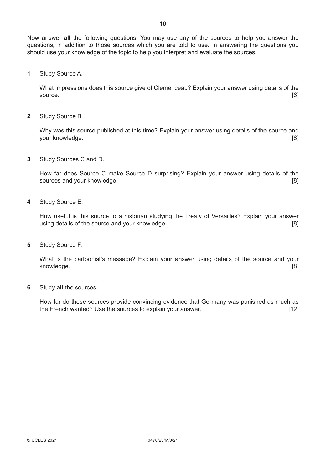 Cambridge IGCSE History 0470 2021 May/June Paper 2 · Variant 3 question paper, page 10 of 12