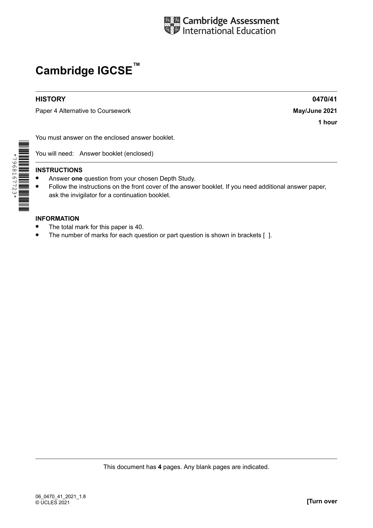 Cambridge IGCSE History 0470 2021 May/June Paper 4 · Variant 1 question paper, page 1 of 4
