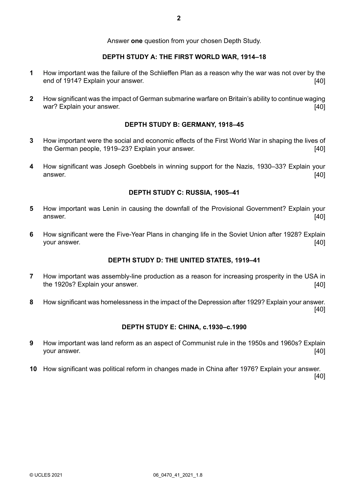 Cambridge IGCSE History 0470 2021 May/June Paper 4 · Variant 1 question paper, page 2 of 4