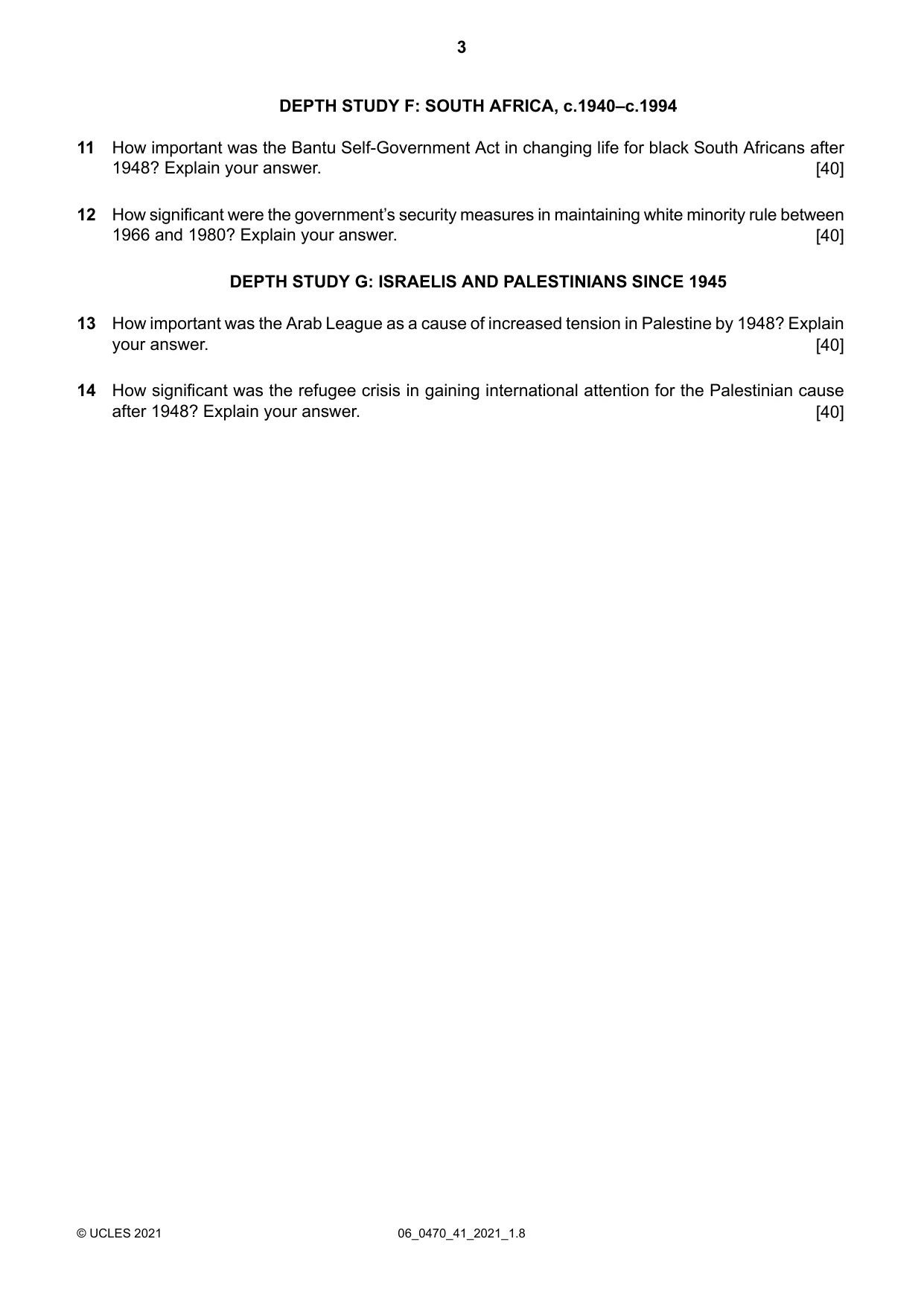 Cambridge IGCSE History 0470 2021 May/June Paper 4 · Variant 1 question paper, page 3 of 4