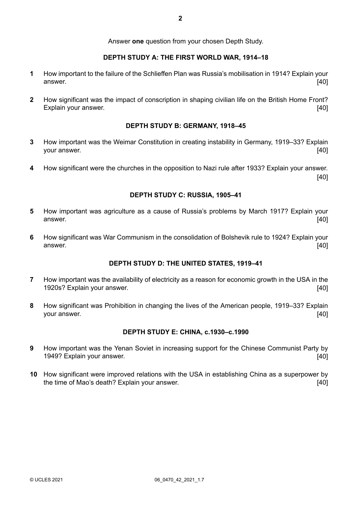 Cambridge IGCSE History 0470 2021 May/June Paper 4 · Variant 2 question paper, page 2 of 4