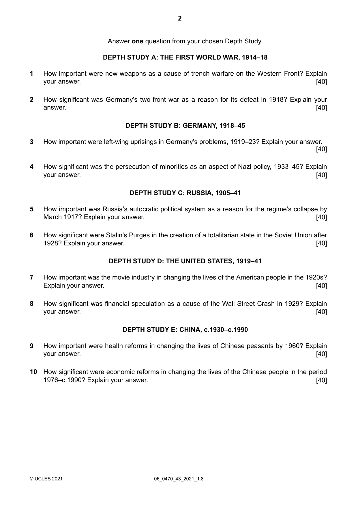 Cambridge IGCSE History 0470 2021 May/June Paper 4 · Variant 3 question paper, page 2 of 4