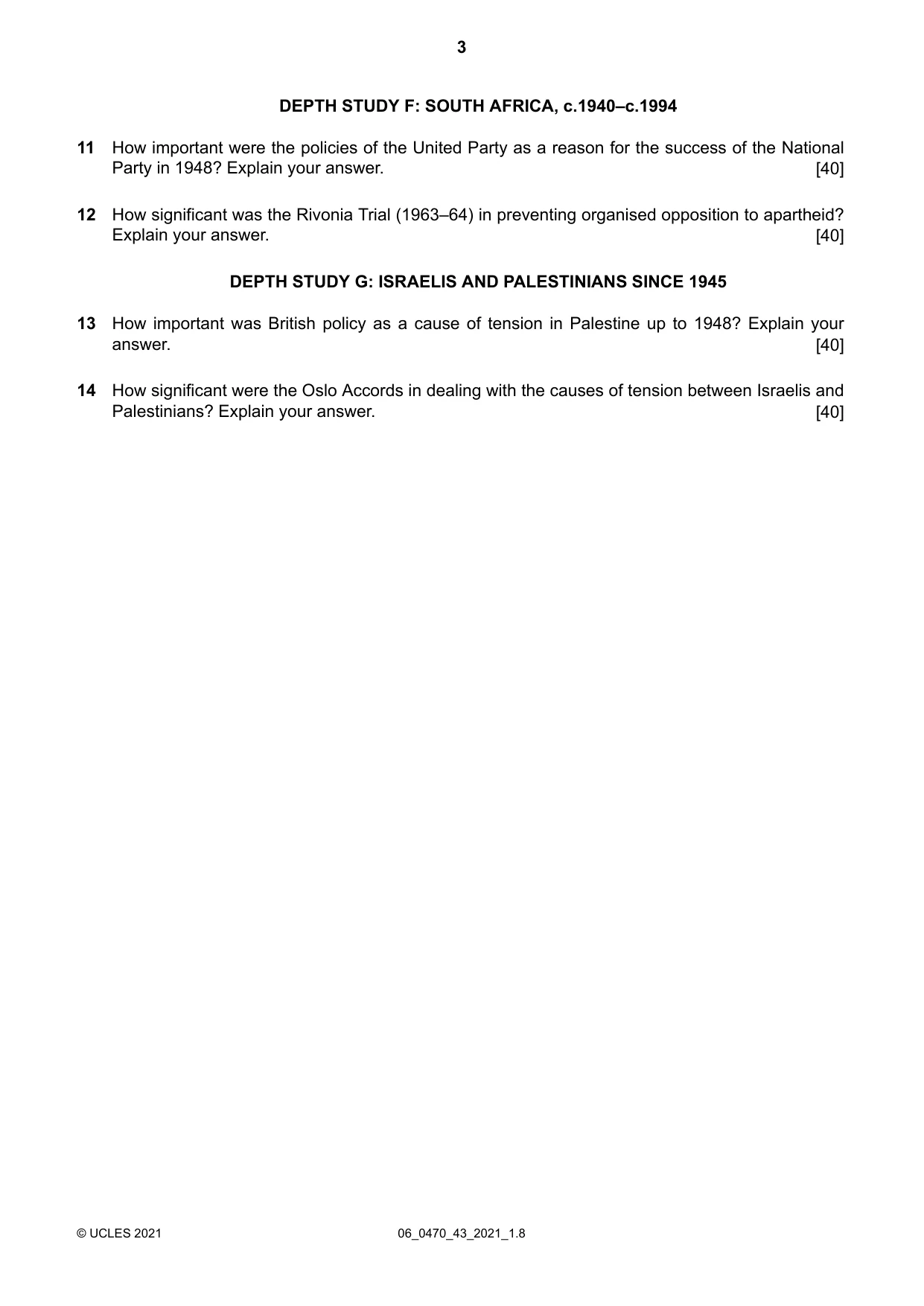 Cambridge IGCSE History 0470 2021 May/June Paper 4 · Variant 3 question paper, page 3 of 4