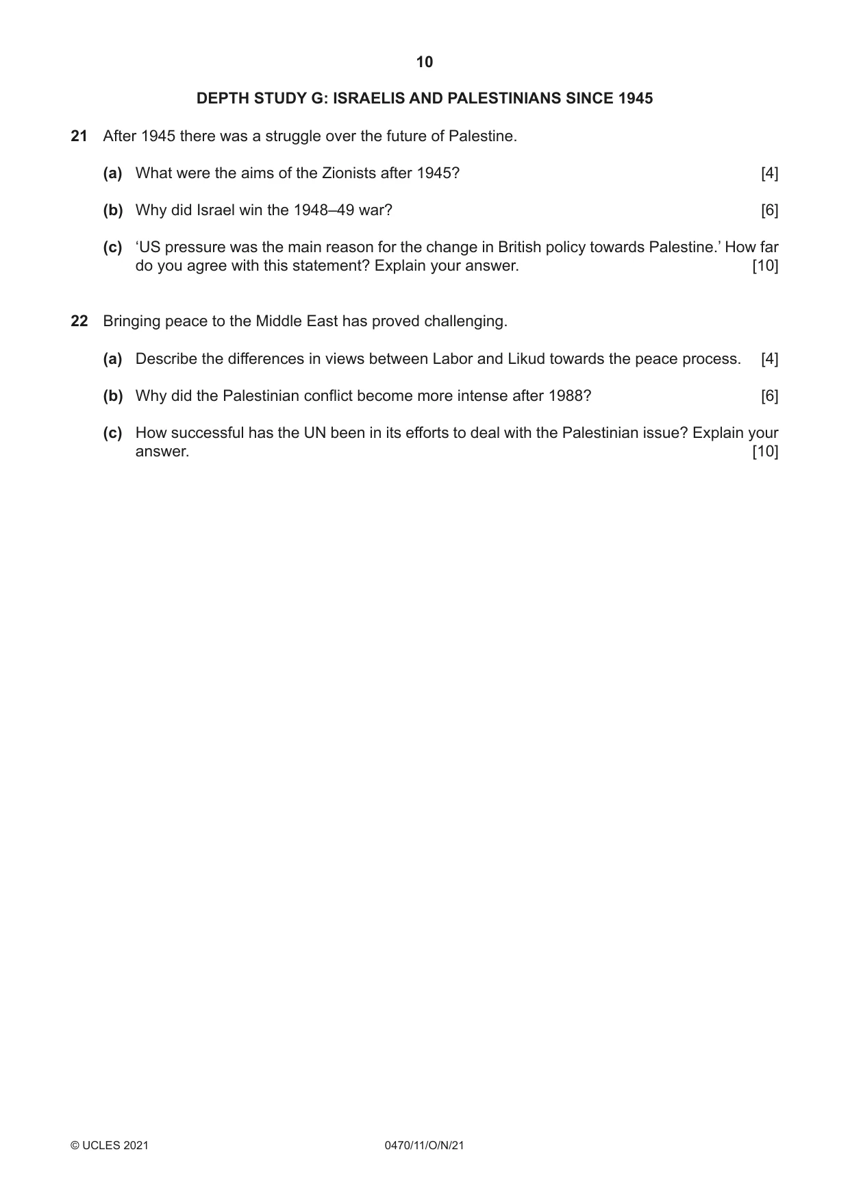 Cambridge IGCSE History 0470 2021 Oct/Nov Paper 1 · Variant 1 question paper, page 10 of 12