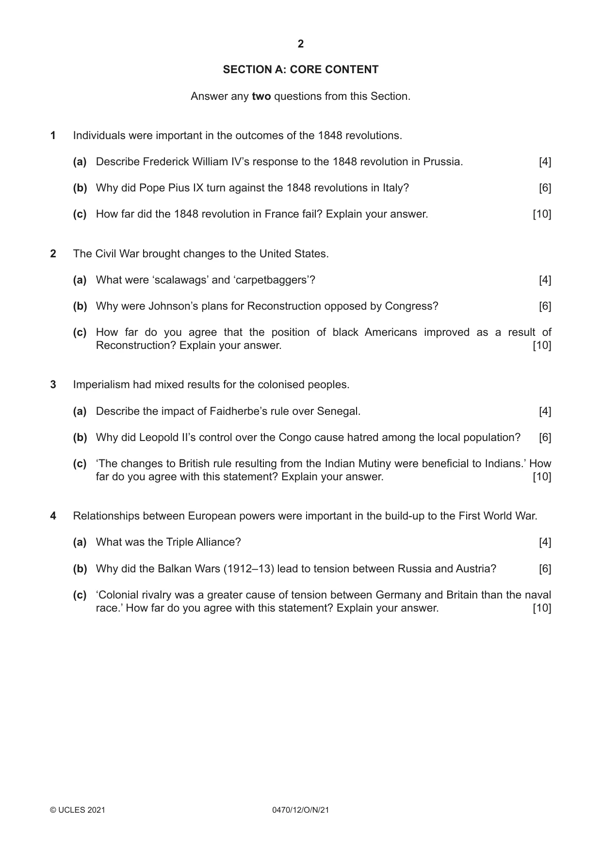 Cambridge IGCSE History 0470 2021 Oct/Nov Paper 1 · Variant 2 question paper, page 2 of 12