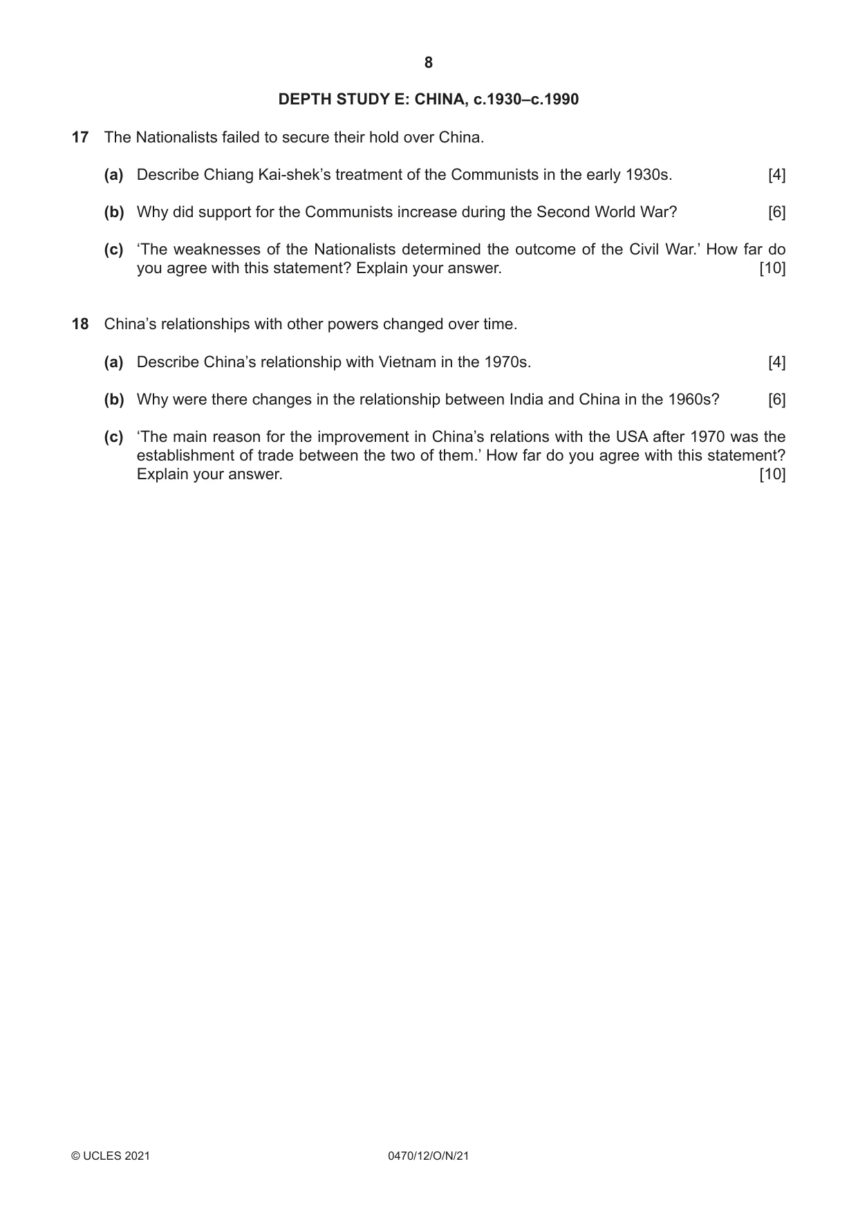 Cambridge IGCSE History 0470 2021 Oct/Nov Paper 1 · Variant 2 question paper, page 8 of 12