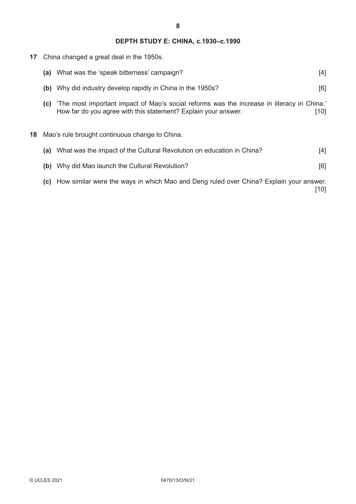 Cambridge IGCSE History 0470 2021 Oct/Nov Paper 1 · Variant 3 question paper, page 8 of 12