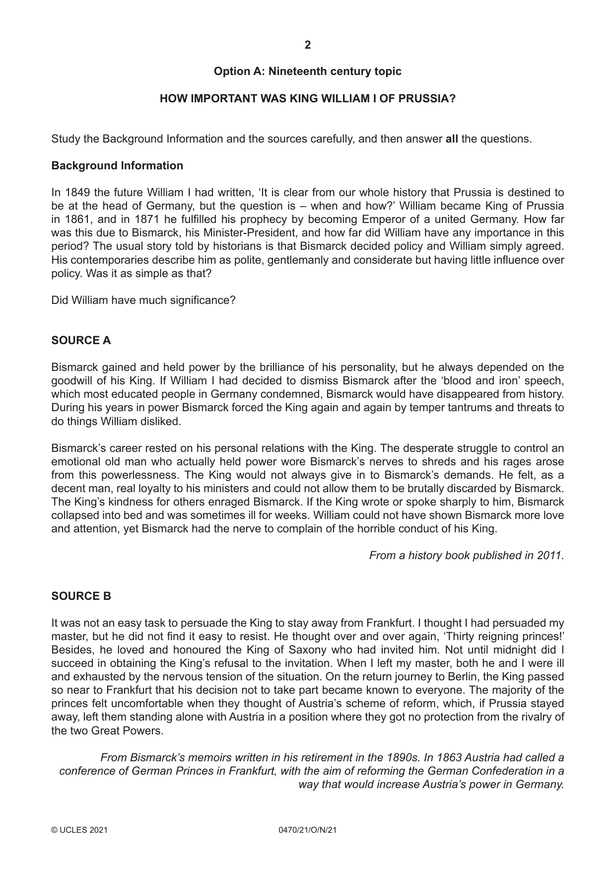Cambridge IGCSE History 0470 2021 Oct/Nov Paper 2 · Variant 1 question paper, page 2 of 12