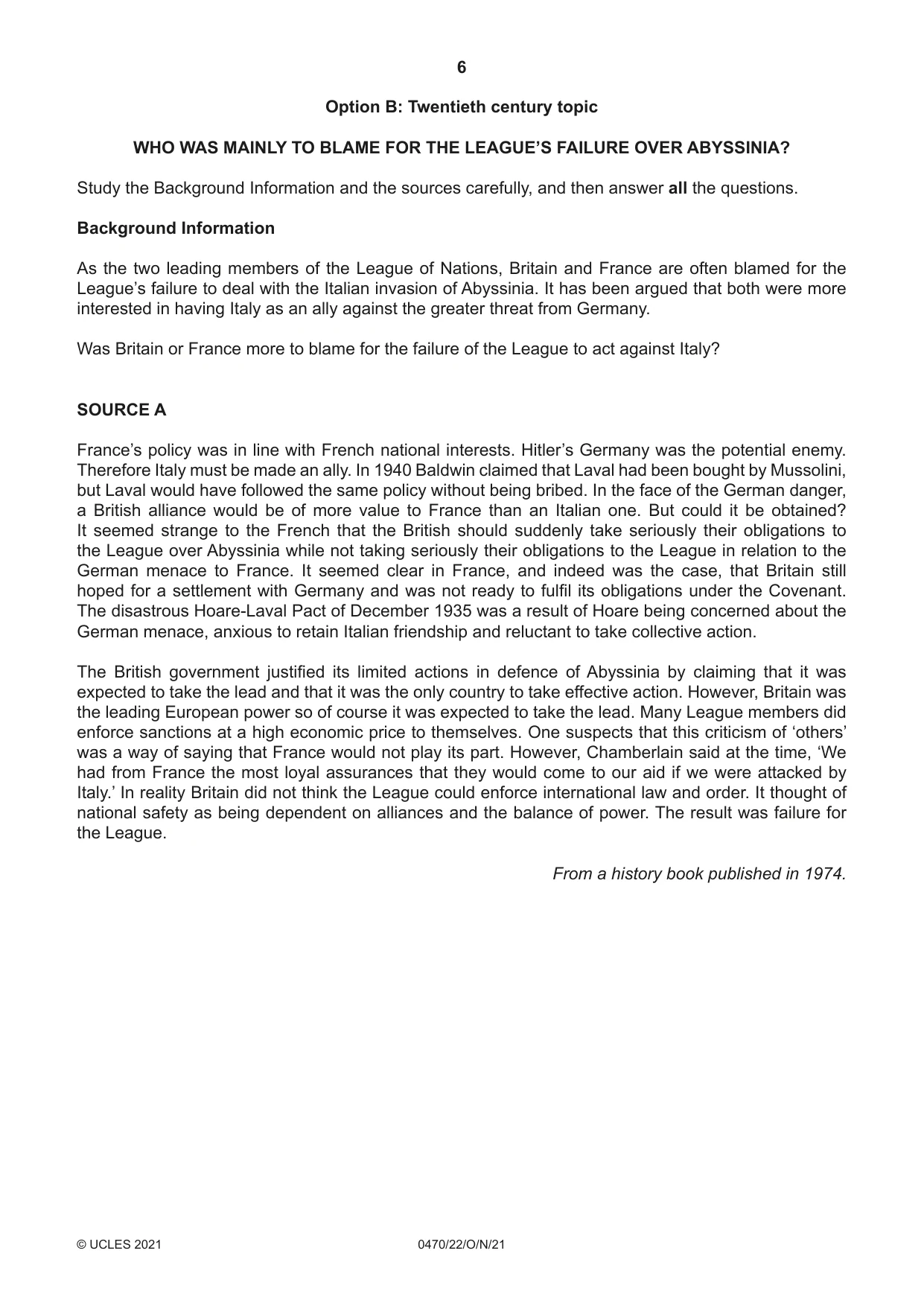 Cambridge IGCSE History 0470 2021 Oct/Nov Paper 2 · Variant 2 question paper, page 6 of 12