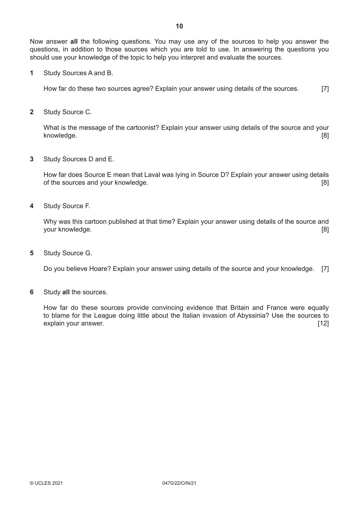 Cambridge IGCSE History 0470 2021 Oct/Nov Paper 2 · Variant 2 question paper, page 10 of 12