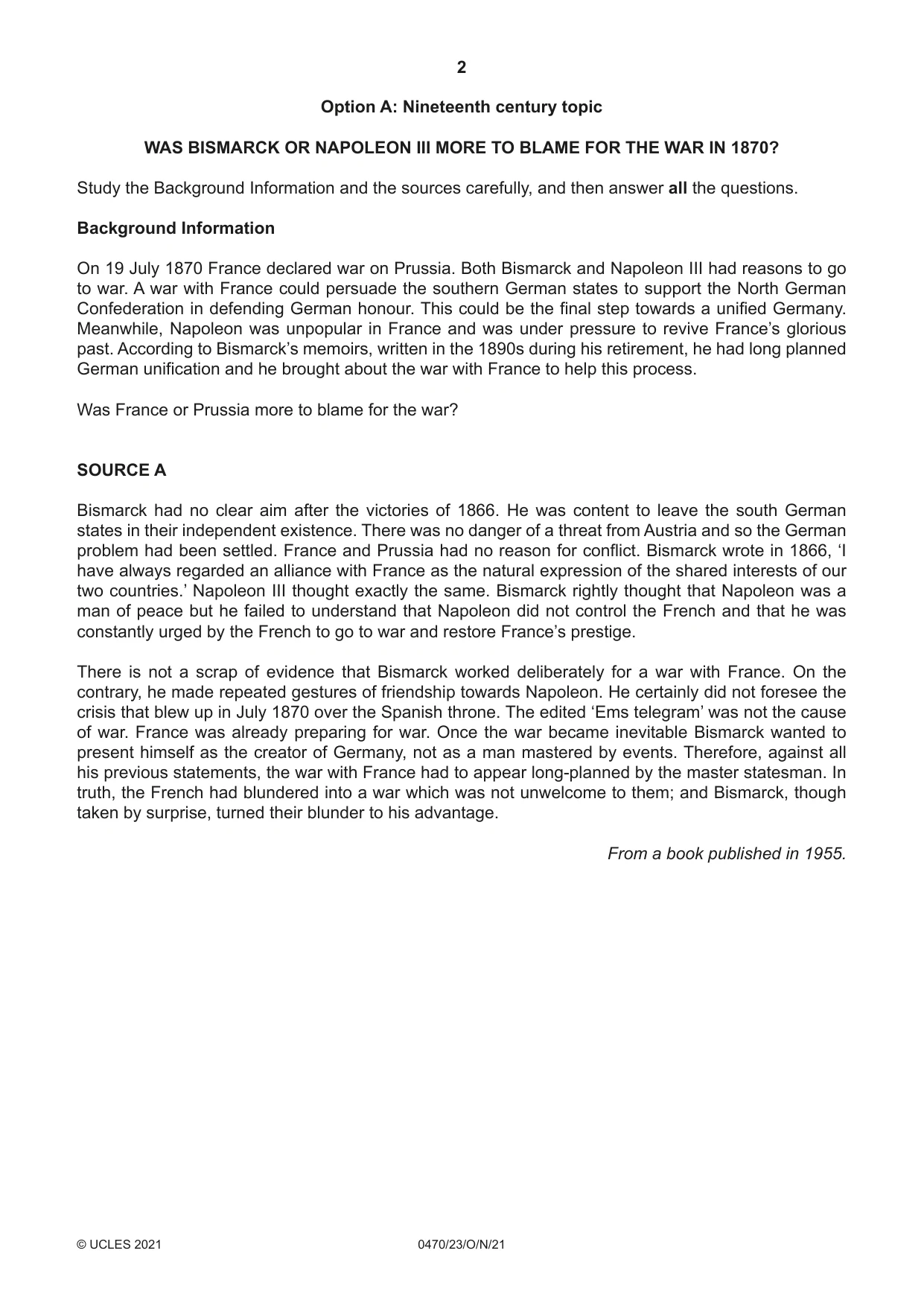 Cambridge IGCSE History 0470 2021 Oct/Nov Paper 2 · Variant 3 question paper, page 2 of 12