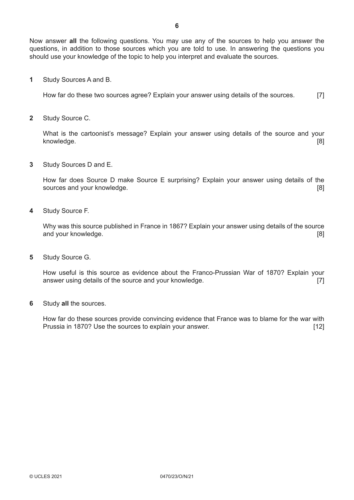 Cambridge IGCSE History 0470 2021 Oct/Nov Paper 2 · Variant 3 question paper, page 6 of 12