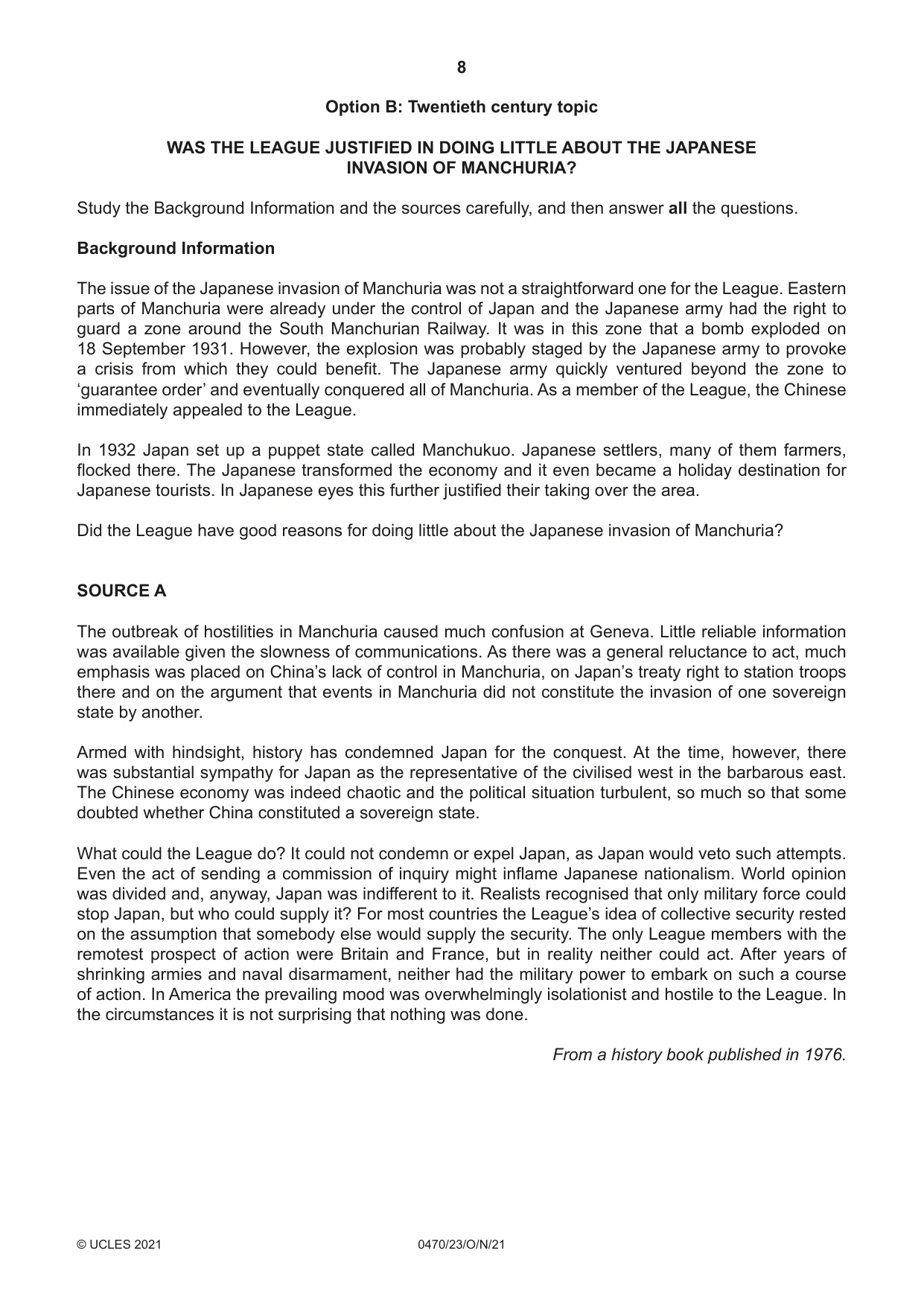 Cambridge IGCSE History 0470 2021 Oct/Nov Paper 2 · Variant 3 question paper, page 8 of 12