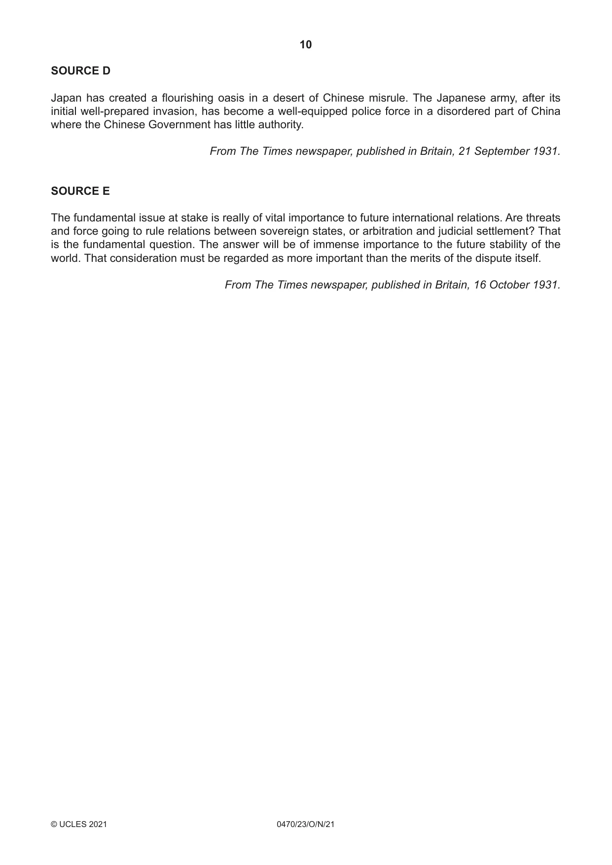 Cambridge IGCSE History 0470 2021 Oct/Nov Paper 2 · Variant 3 question paper, page 10 of 12