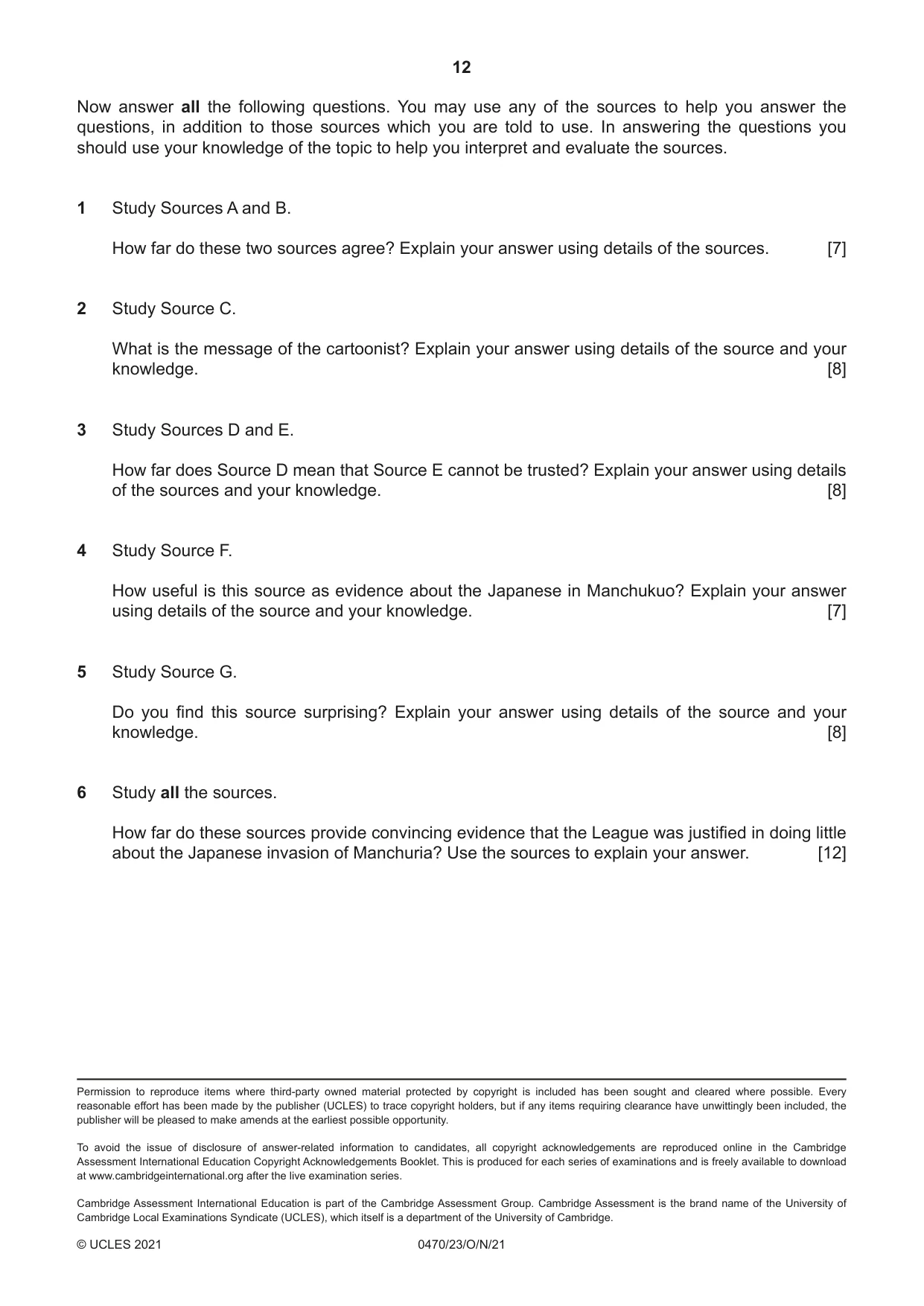 Cambridge IGCSE History 0470 2021 Oct/Nov Paper 2 · Variant 3 question paper, page 12 of 12