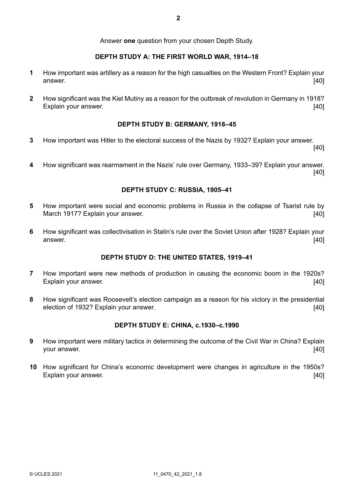 Cambridge IGCSE History 0470 2021 Oct/Nov Paper 4 · Variant 2 question paper, page 2 of 4